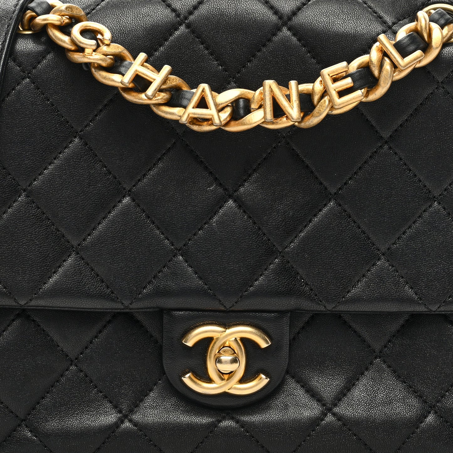 Lambskin Quilted Chaine Lettre Square Flap Black