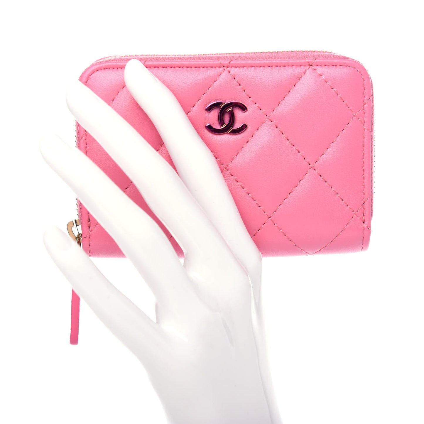 Lambskin Quilted Zip Around Coin Purse Wallet Pink Yellow