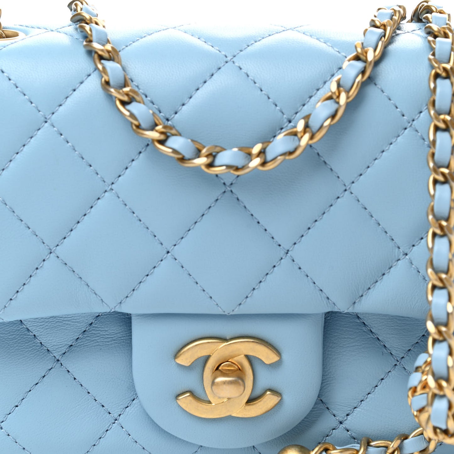 Lambskin Quilted Mini Pearl Crush Flap Light Blue
