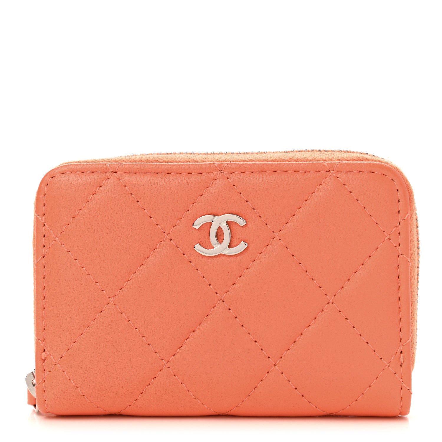 CHANEL パテントレザー ケース サーモン Chanel Lambskin Quilted Zip Around Coin Purse Wallet Coral 1098708