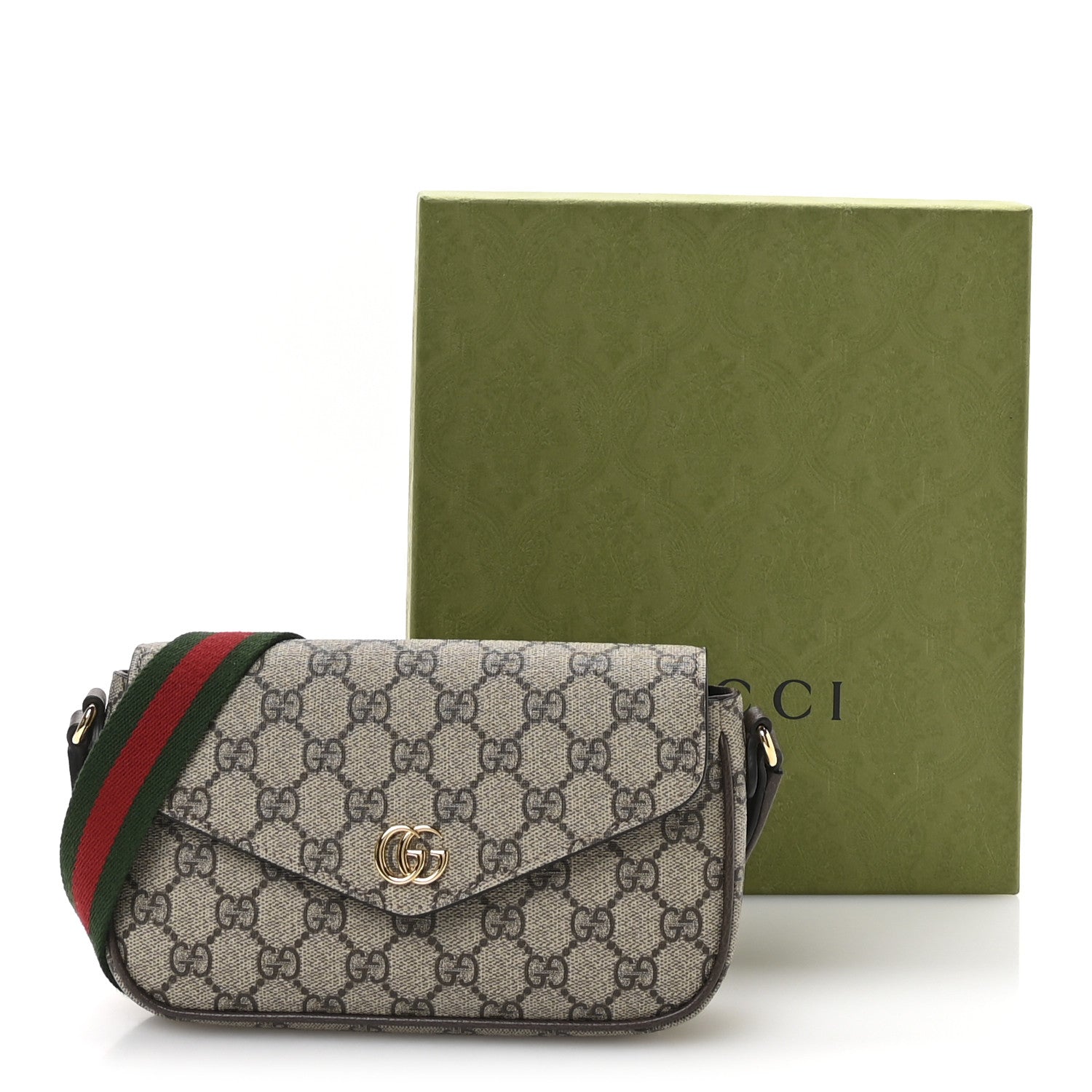 Gucci GG Supreme Monogram Textured Dollar Calfskin Web Mini Ophidia Envelope Shoulder Bag Beige Ebony New Acero 11 of 11
