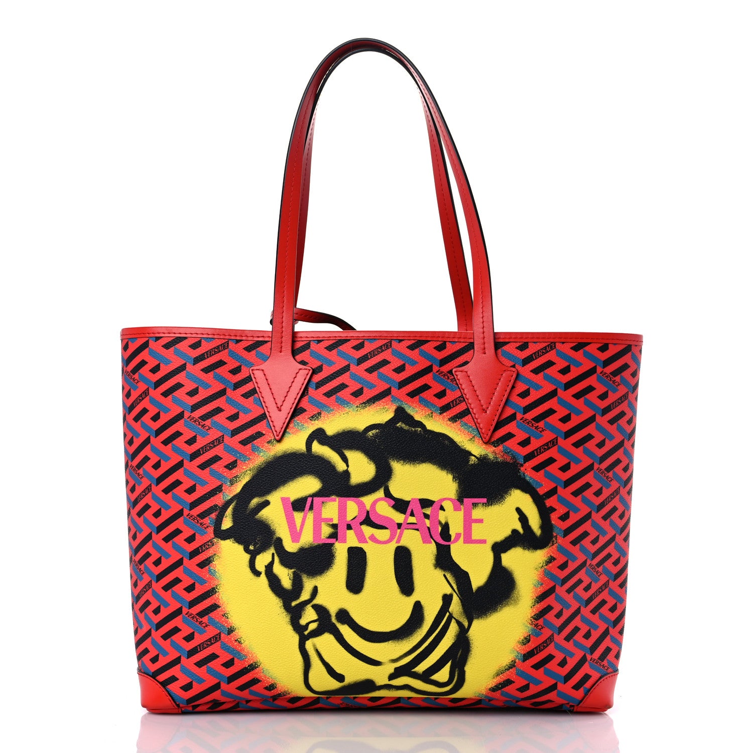 Versace Calfskin La Greca Smile Signature Shopper Tote Blue Red 1 of 14