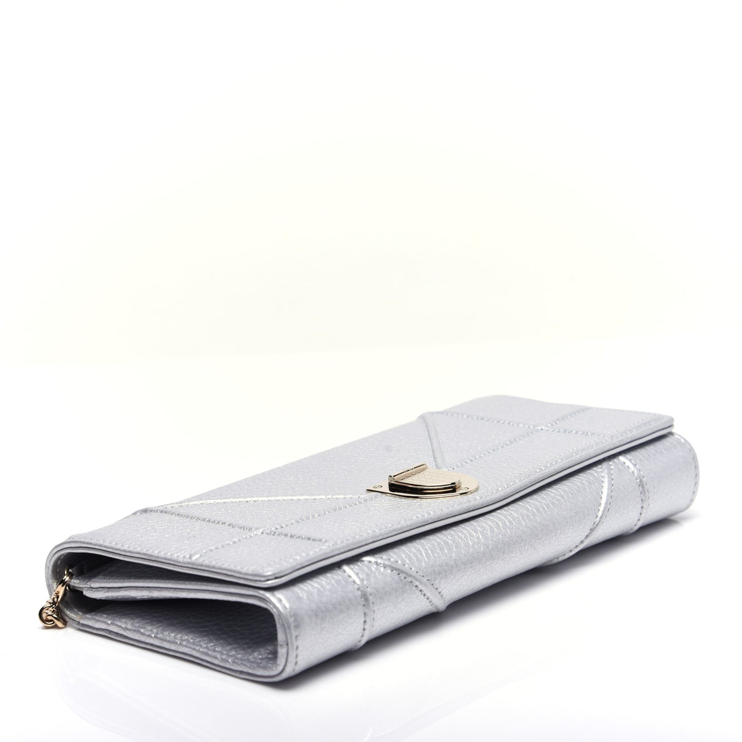 Metallic Grained Calfskin Diorama Croisiere Chain Wallet Silver