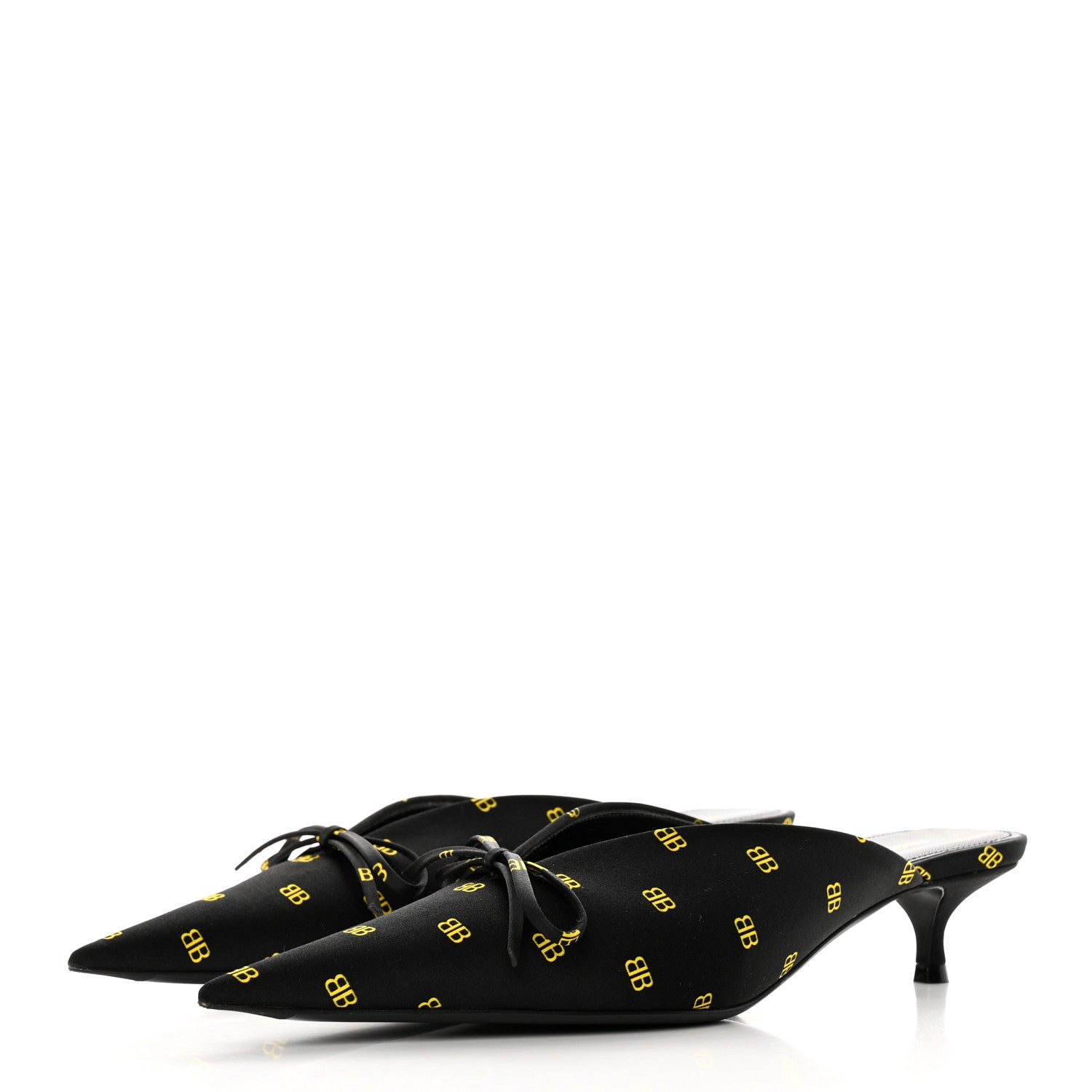Balenciaga Crepe Satin BB Printed Pointy Toe Knife Flat 40mm Mules 36 Black Yellow Fluo 3 of 17