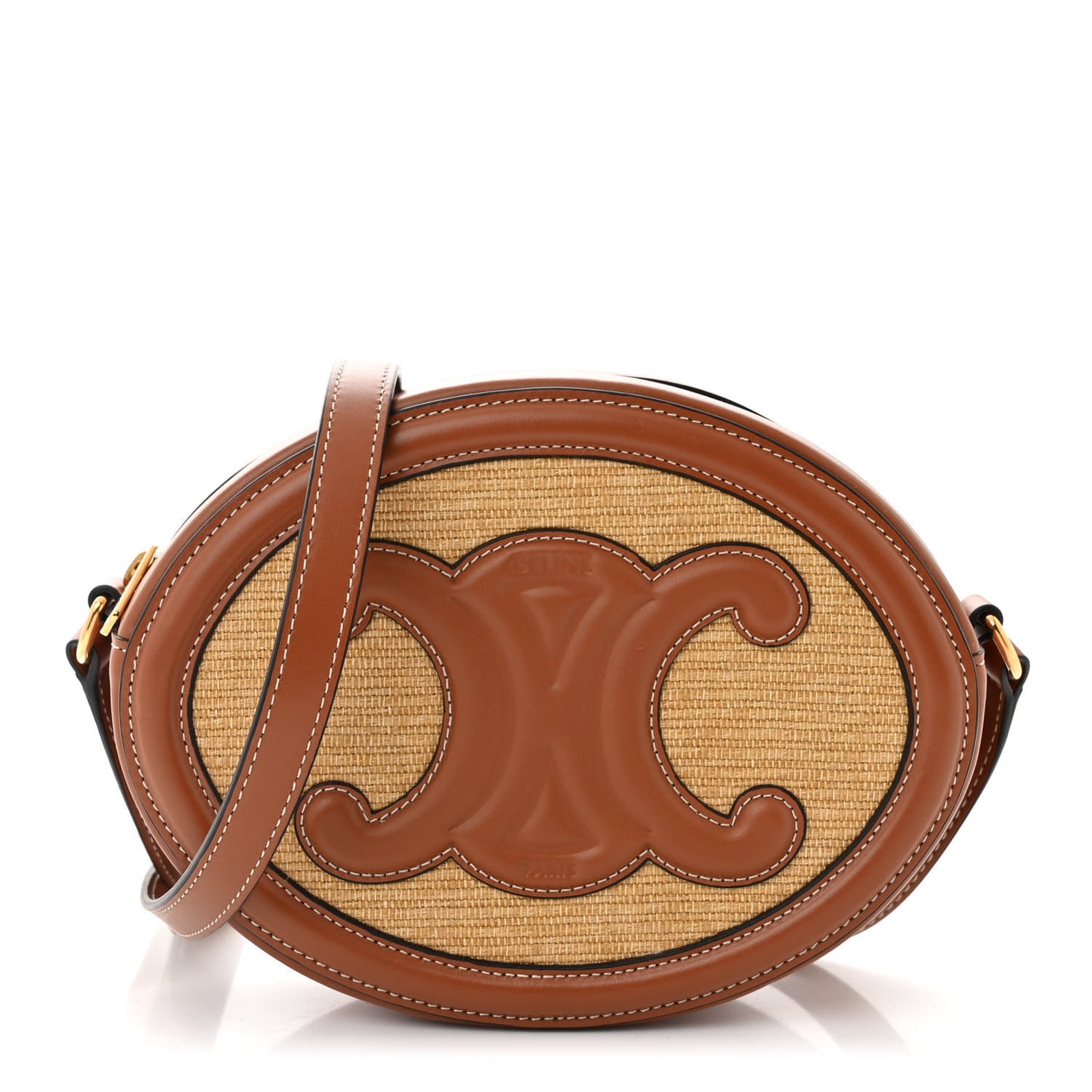 Calfskin Straw Triomphe Oval Purse Crossbody Natural Tan