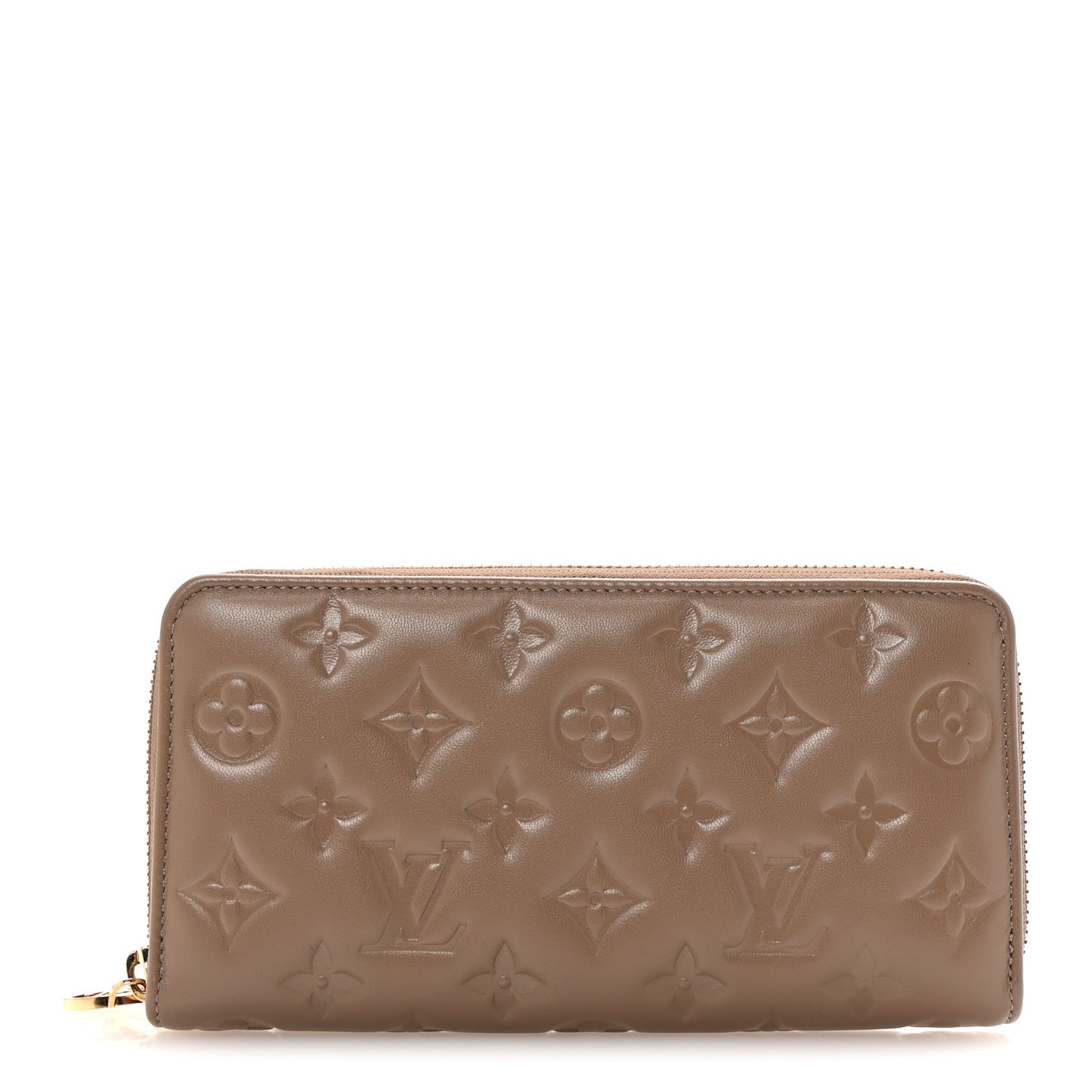 Lambskin Embossed Monogram Coussin Zippy Wallet Taupe