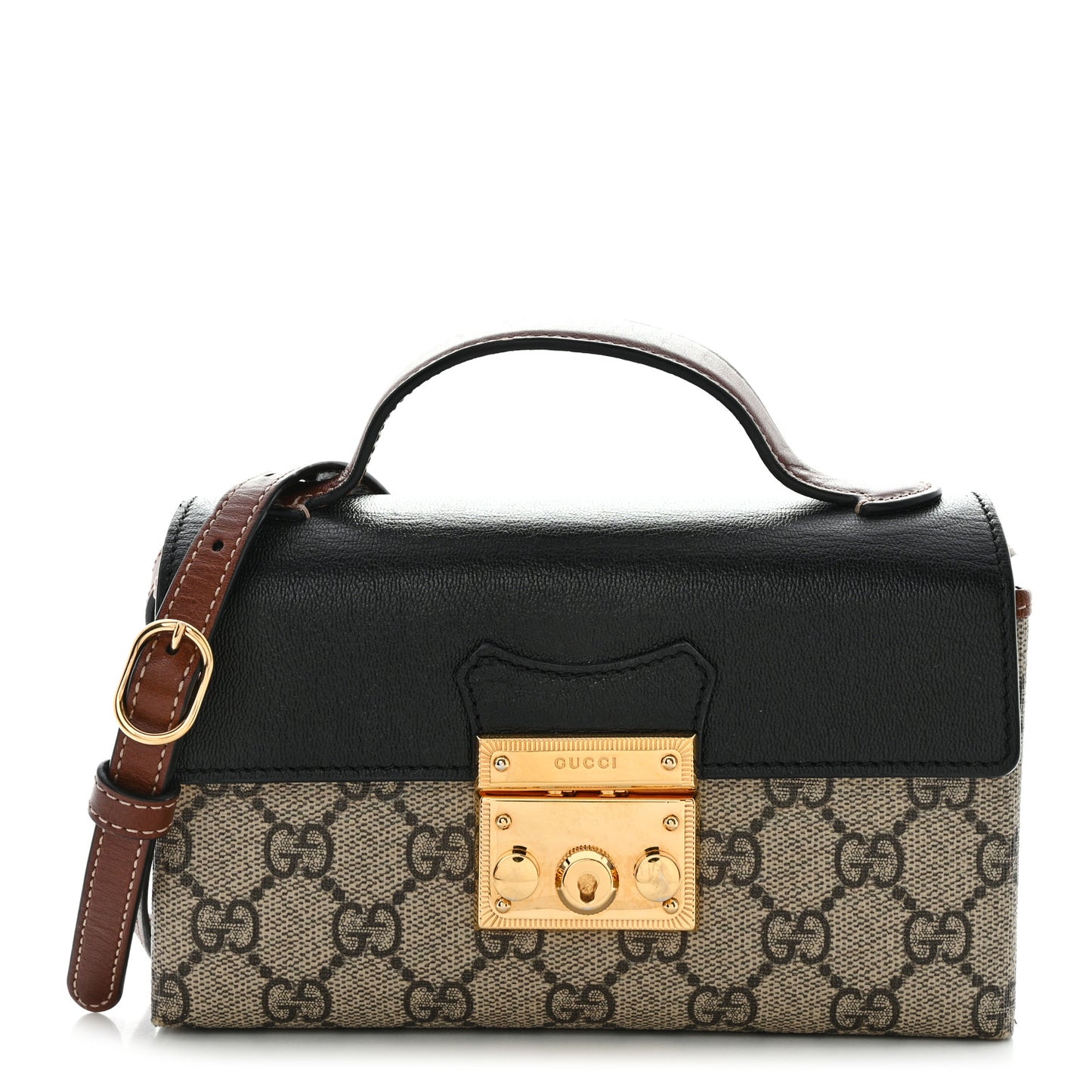 GG Supreme Monogram Calfskin Mini Padlock Top Handle Shoulder Bag Beige Black Cuir