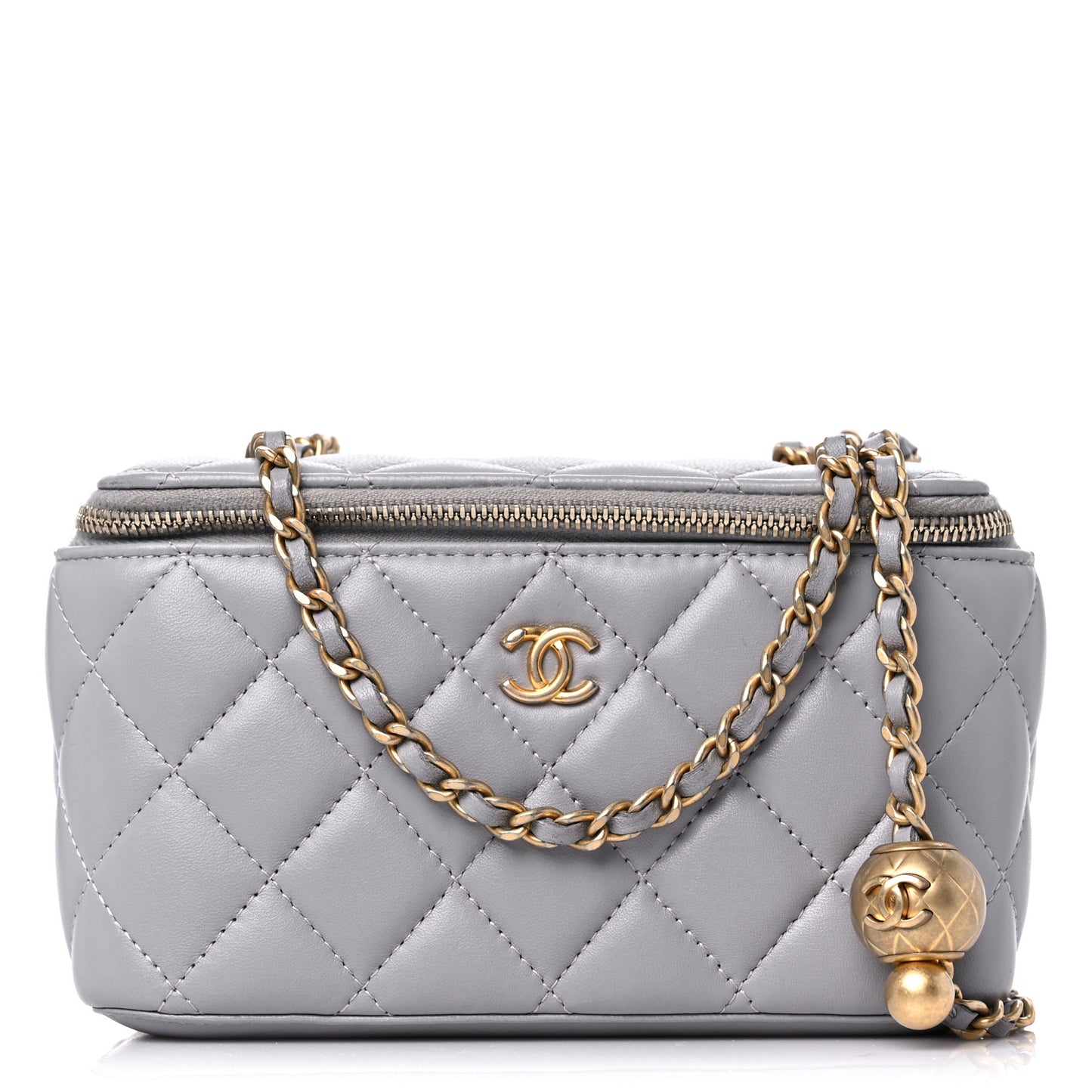 Lambskin Quilted Small Pearl Crush Vanity Case With Chain Grey