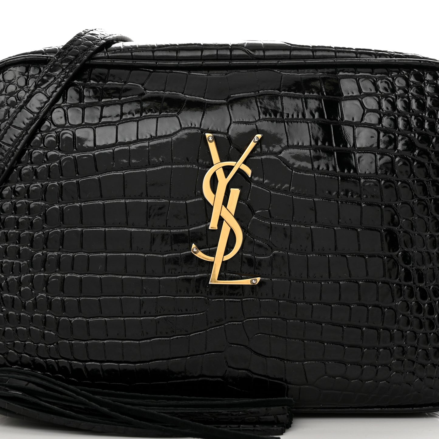Patent Calfskin Crocodile Embossed Monogram Lou Camera Bag Black
