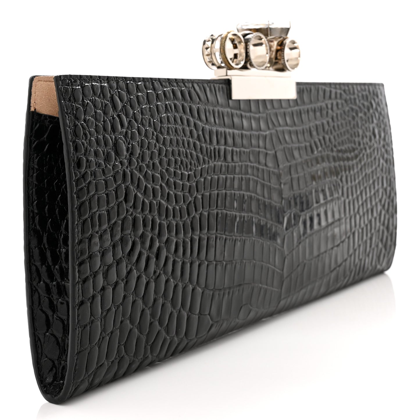 ALEXANDER MCQUEEN Calfskin Crocodile Embossed Knuckle Flat Clutch Black