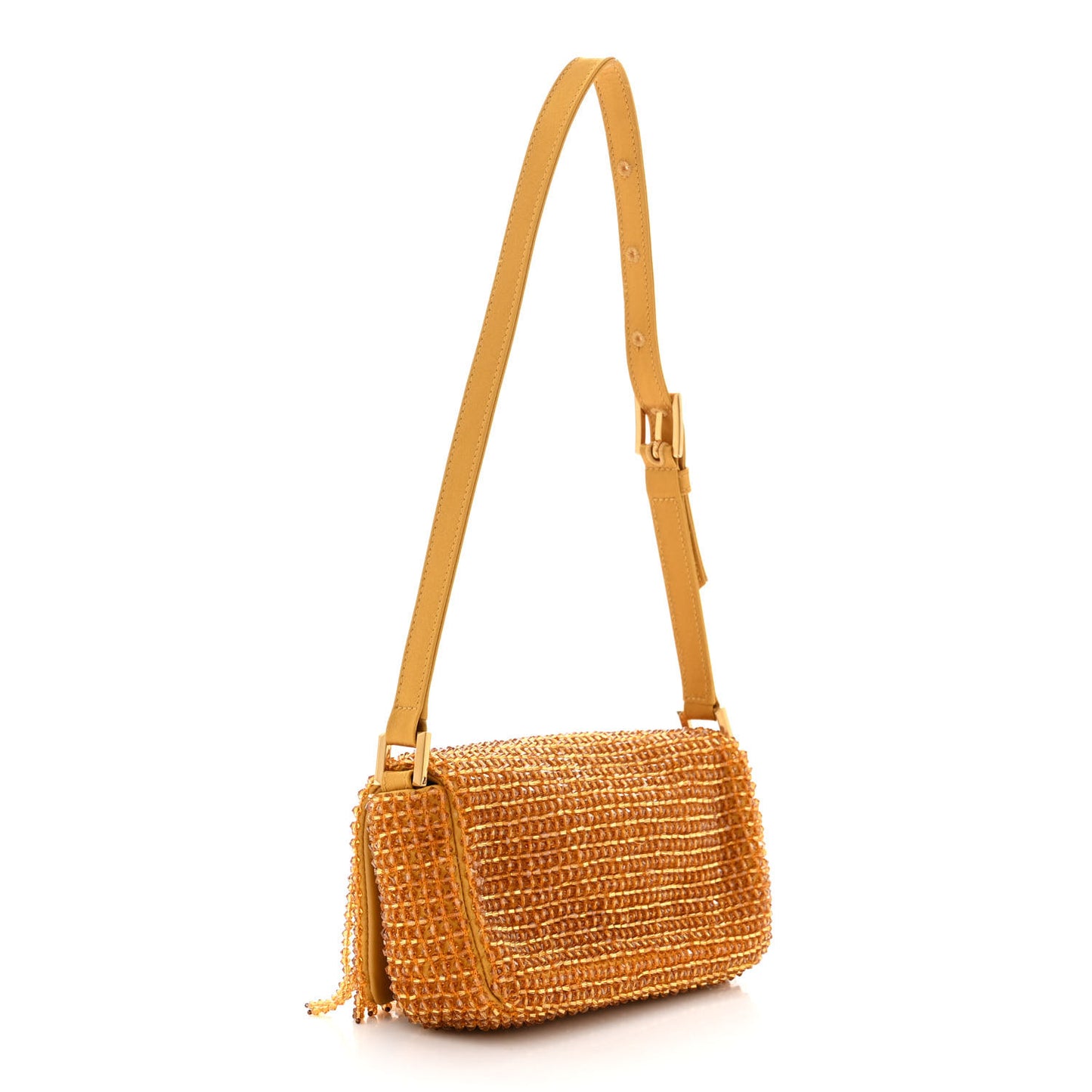 Satin Crystal Embroidered Fringe Mini Varenne Shoulder Bag Sunflower Light Gold
