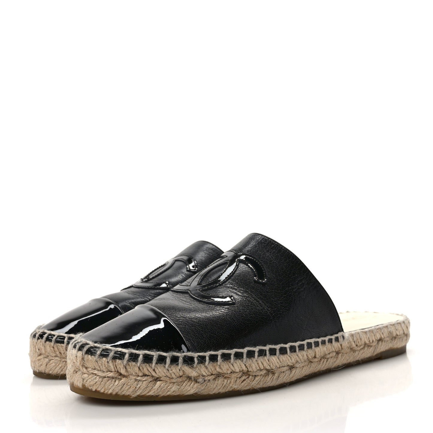 Iridescent Goatskin Patent CC Espadrille Mules 39 Black