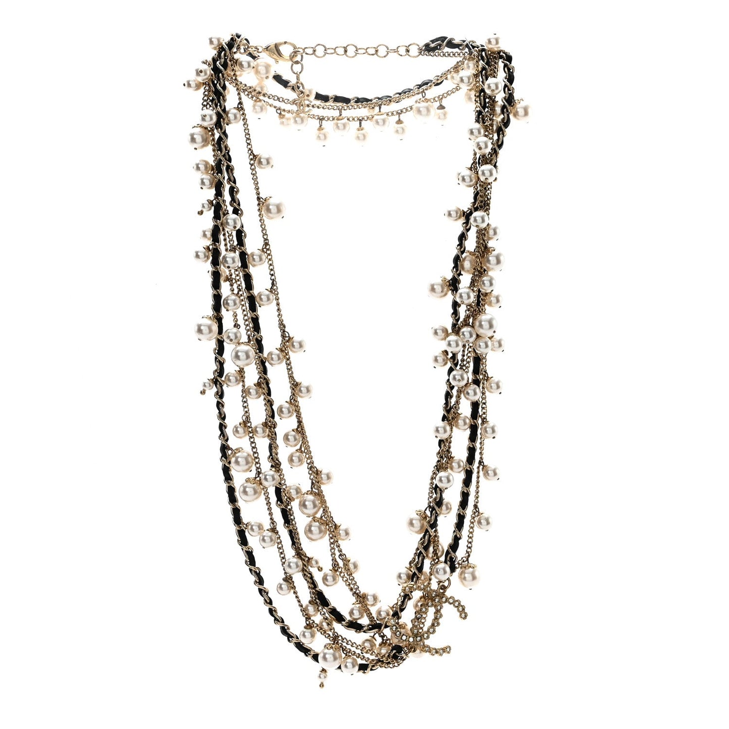 Lambskin Pearl Crystal CC Chain Multi Strand Necklace Black Gold Pearly White