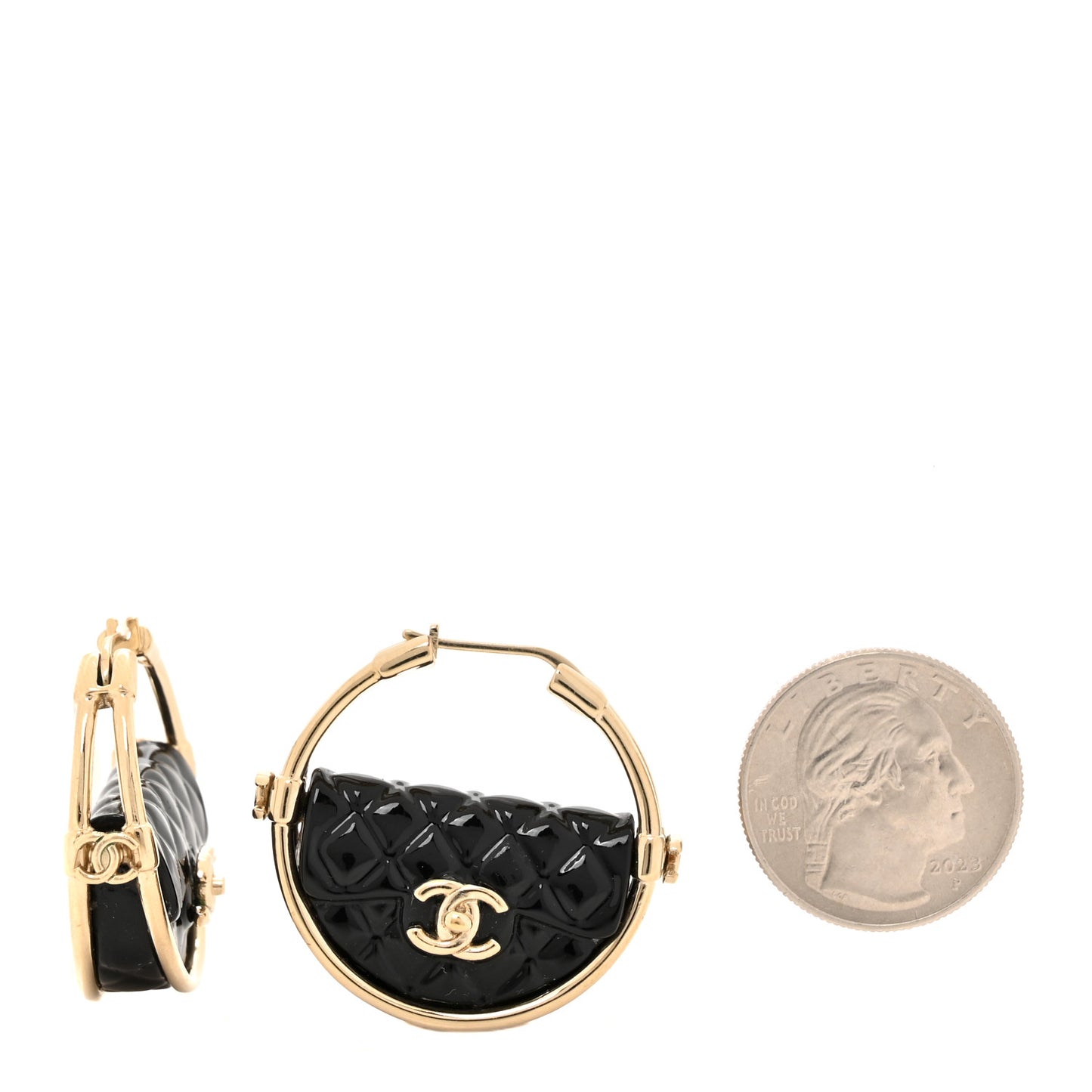 Metal Resin Quilted Flap Bag Hoop Earrings Black Gold