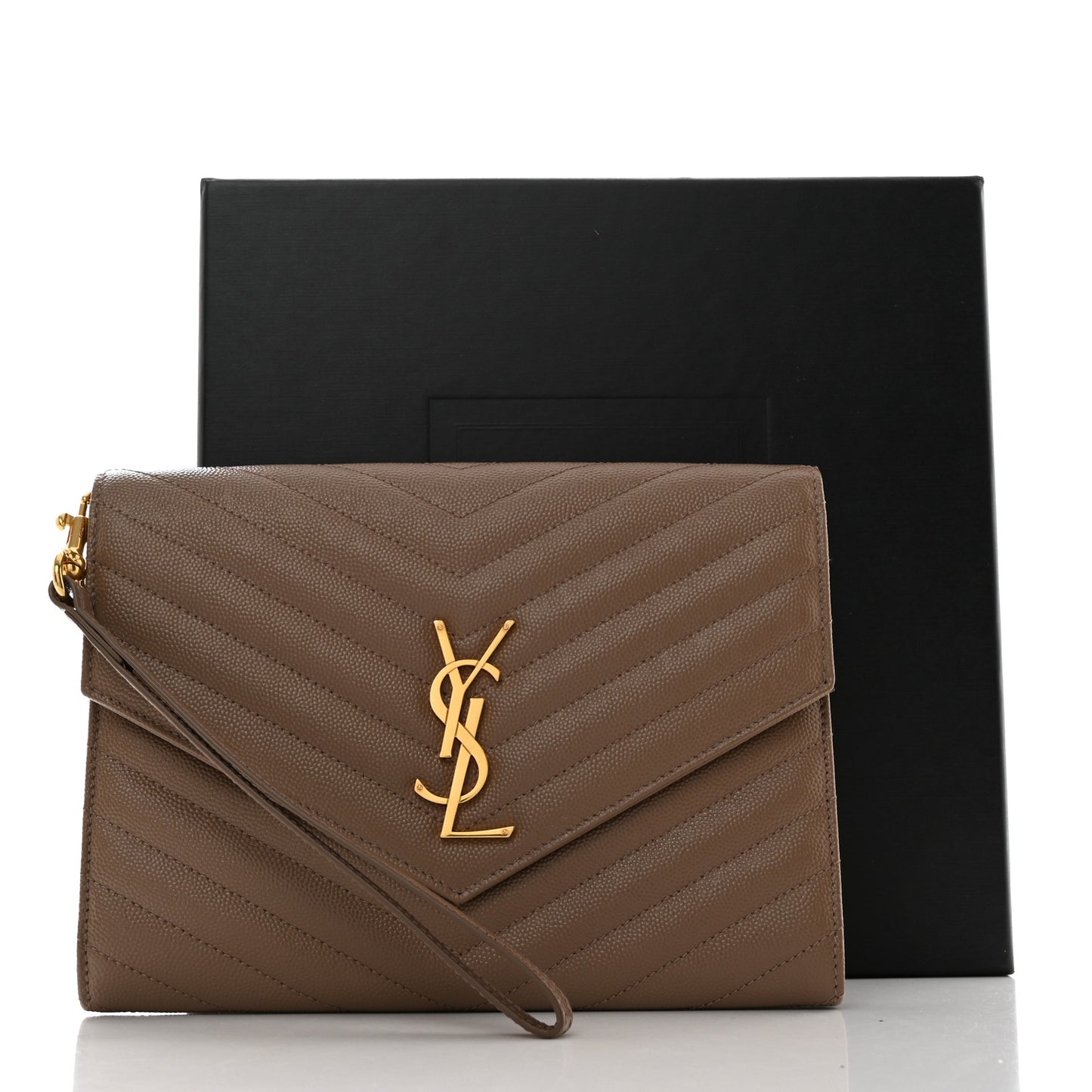 Grain De Poudre Matelasse Chevron Monogram Cassandre Flap Pouch Taupe