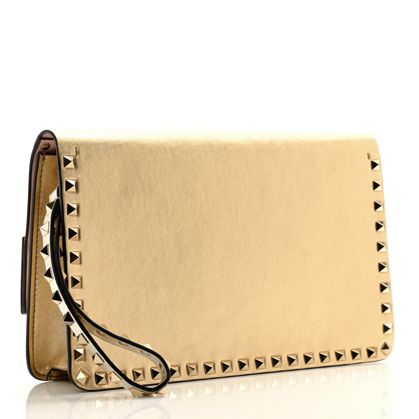 Metallic Calfskin Rockstud Side Slip Wristlet Clutch Gold