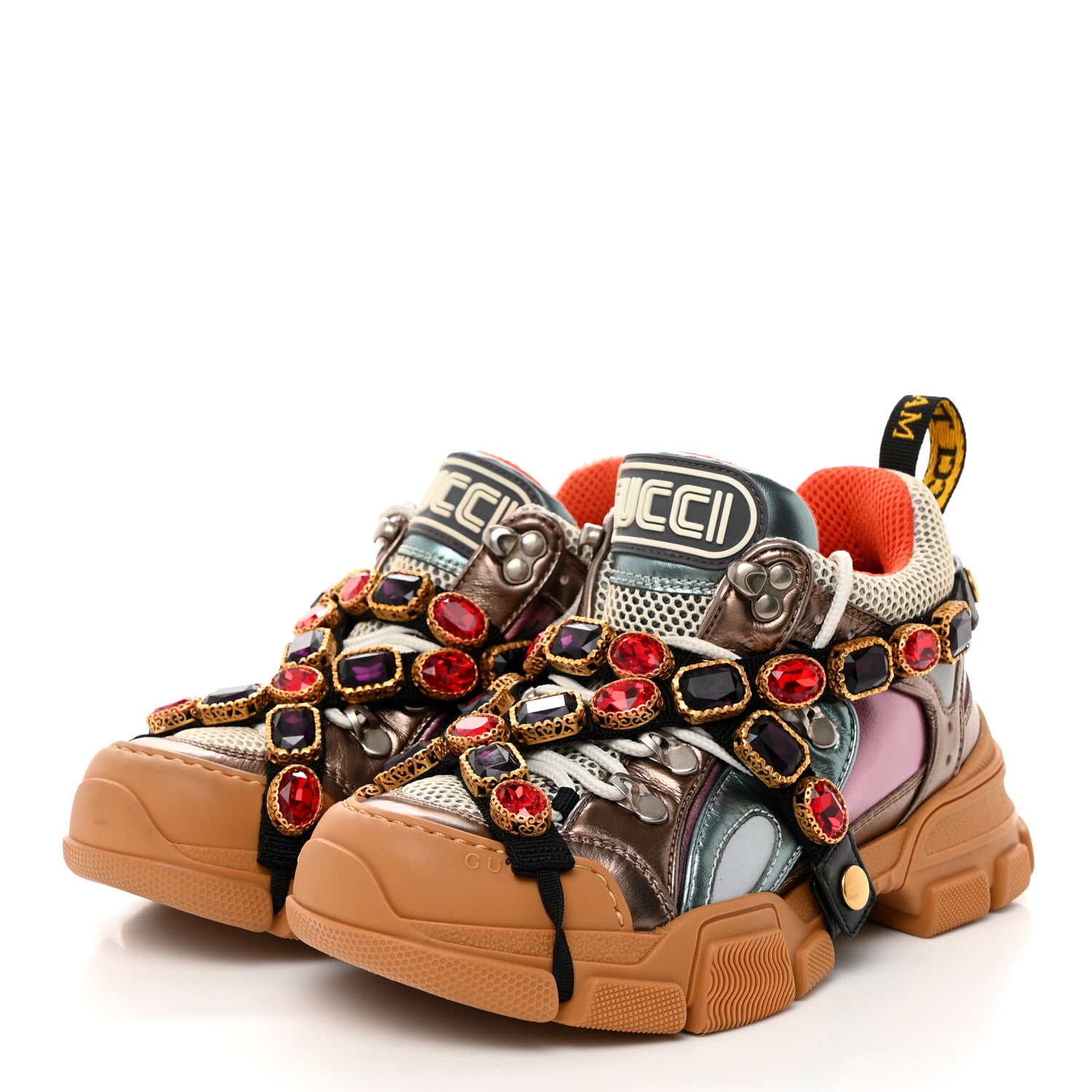 Gucci X SEGA Metallic Calfskin Mesh Removable Crystals Womens Flashtrek Sneakers 36 Rame Mystic White Lago 3 of 8