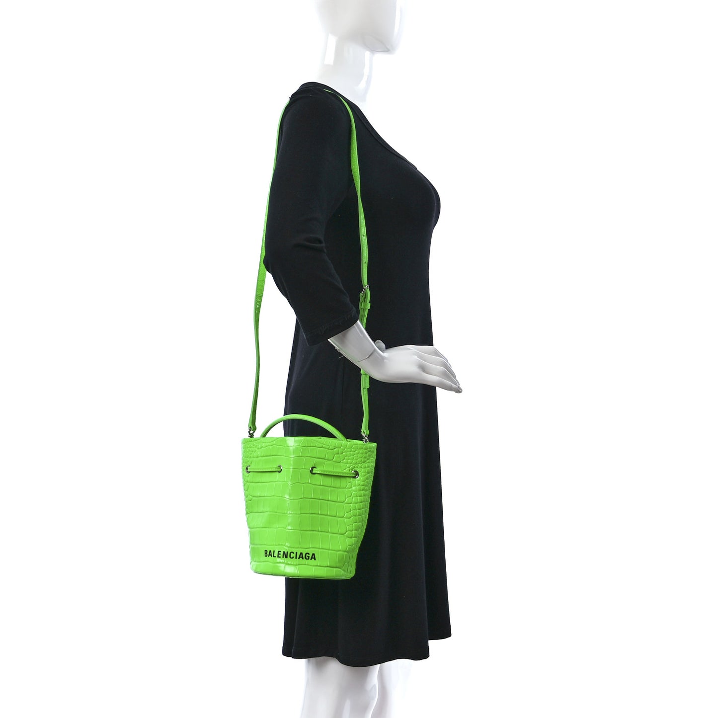 Shiny Calfskin Logo Crocodile Embossed XS Everyday Drawstring Bucket Bag Fluo Green