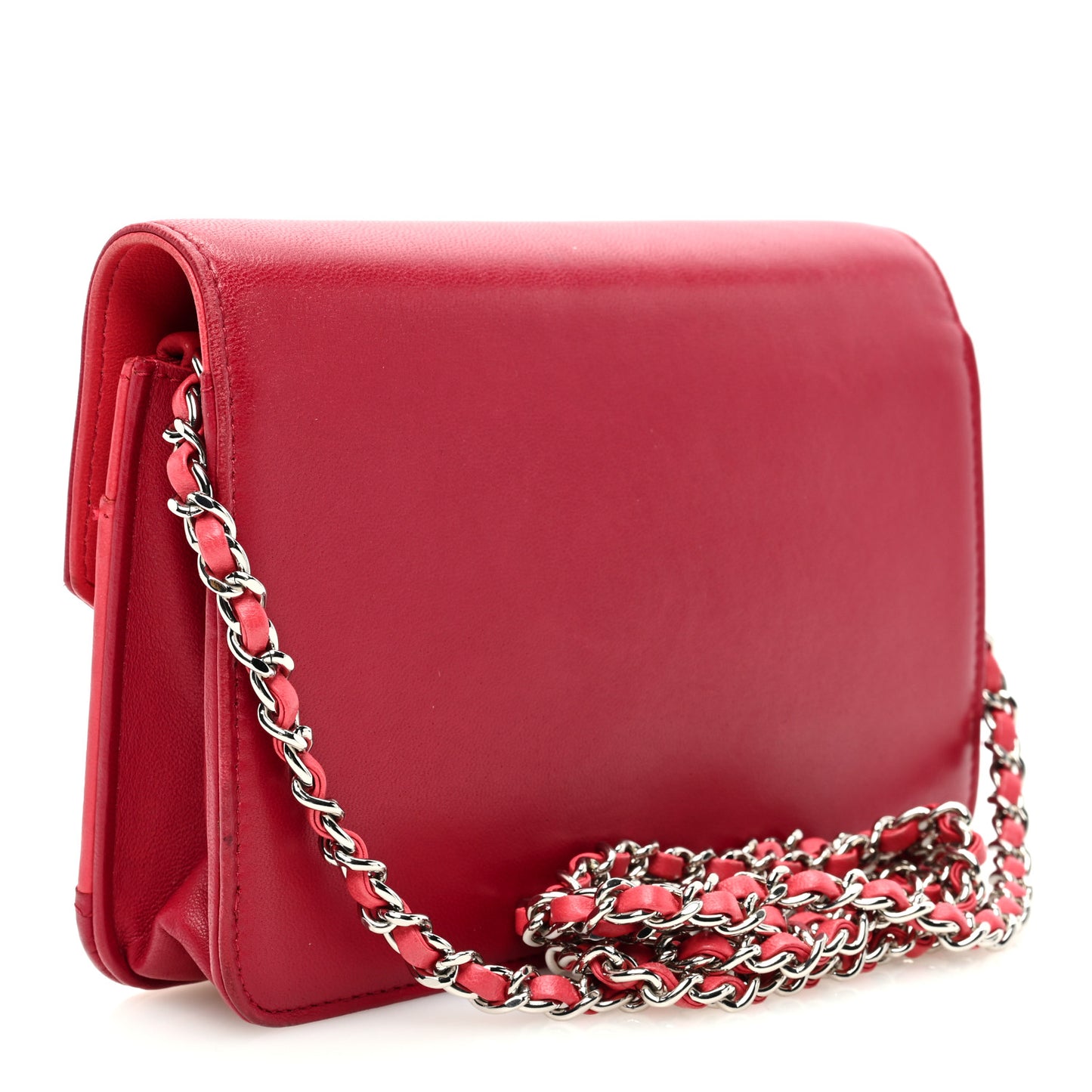 Lambskin Chevron Wallet On Chain WOC Dark Pink Multicolor