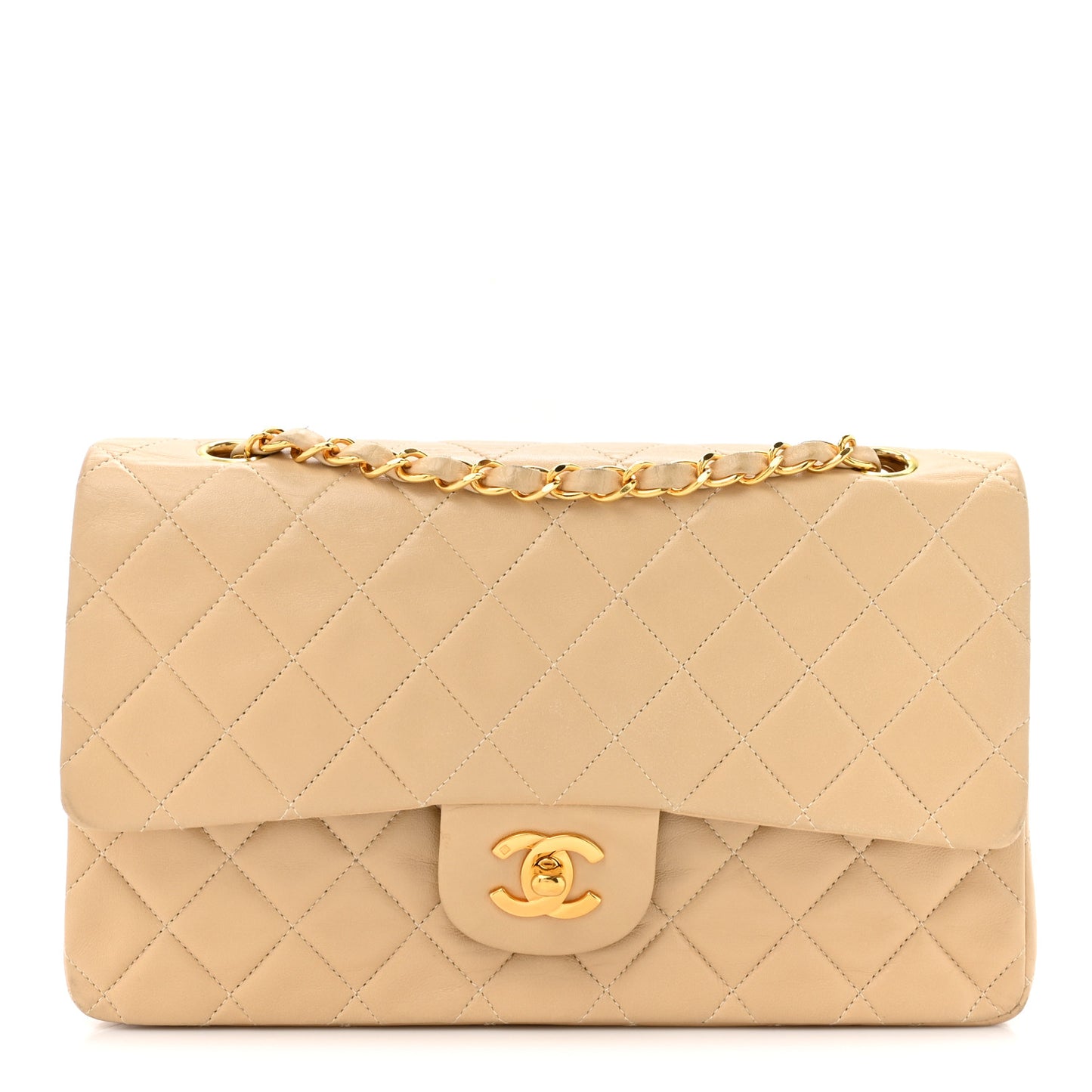 Lambskin Quilted Medium Double Flap Beige