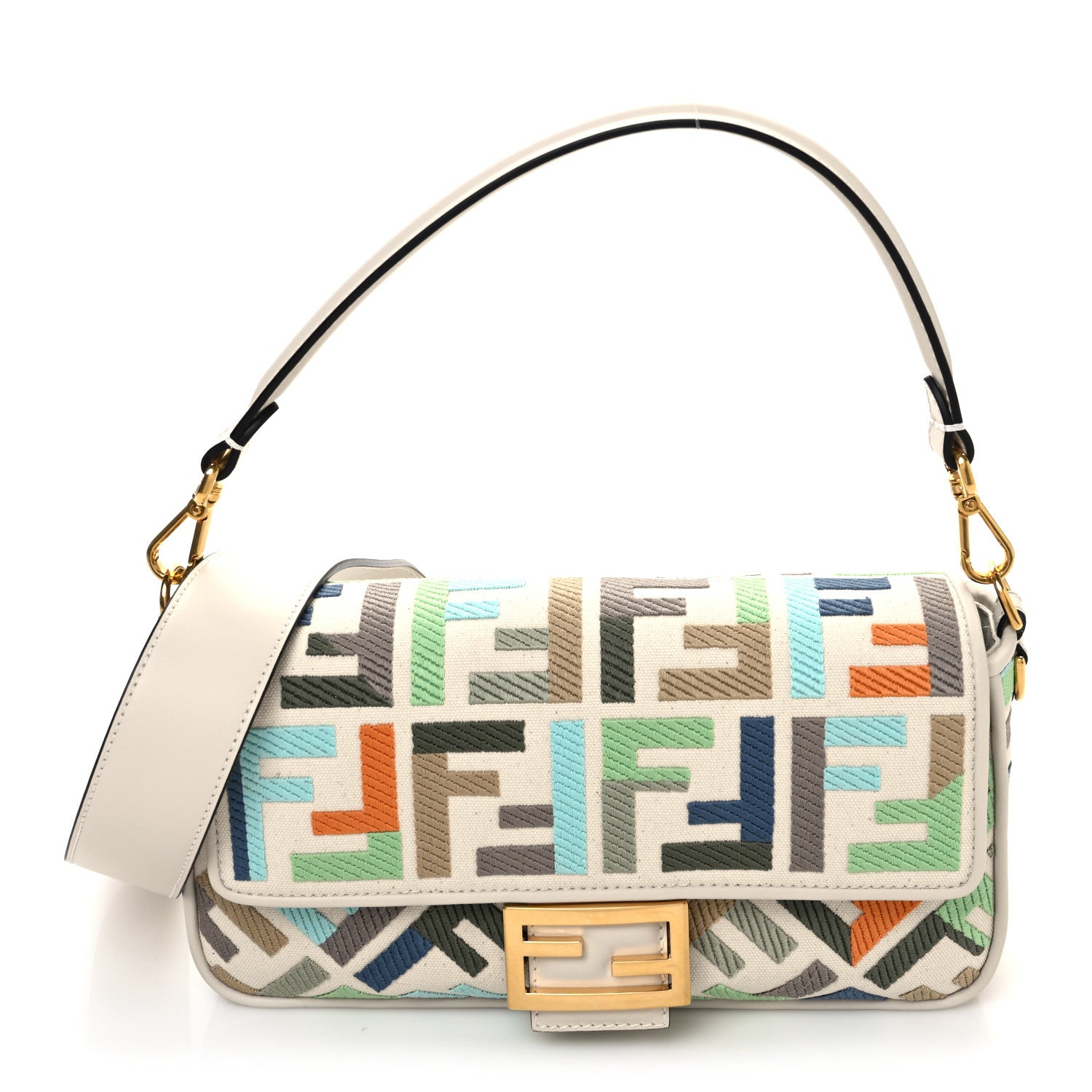 Fendi Canvas Vitello Seta FF Multicolor Embroidered Baguette