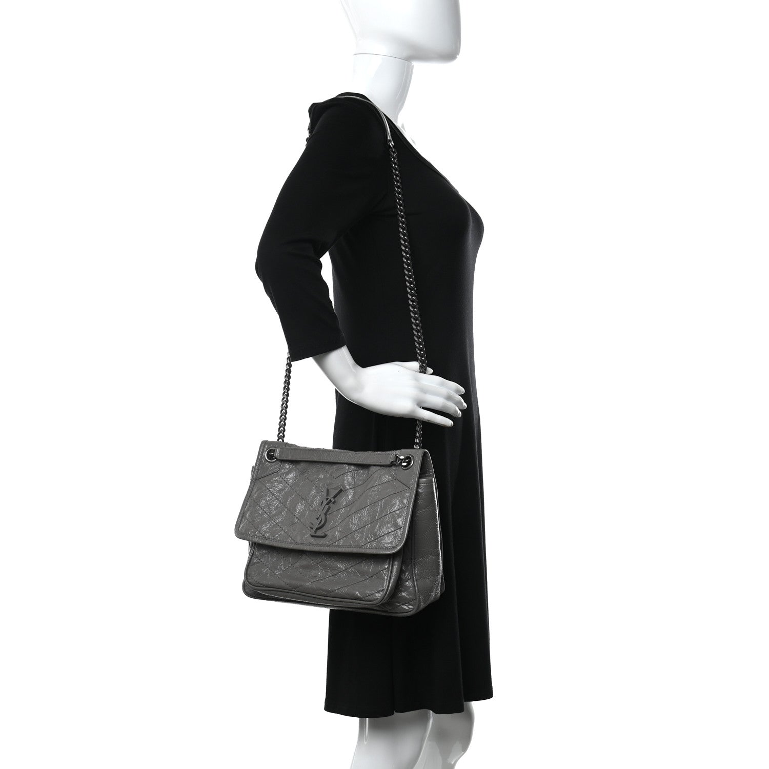 Saint Laurent Crinkled Calfskin Matelasse Monogram Medium Niki Chain Satchel Fog 2 of 13
