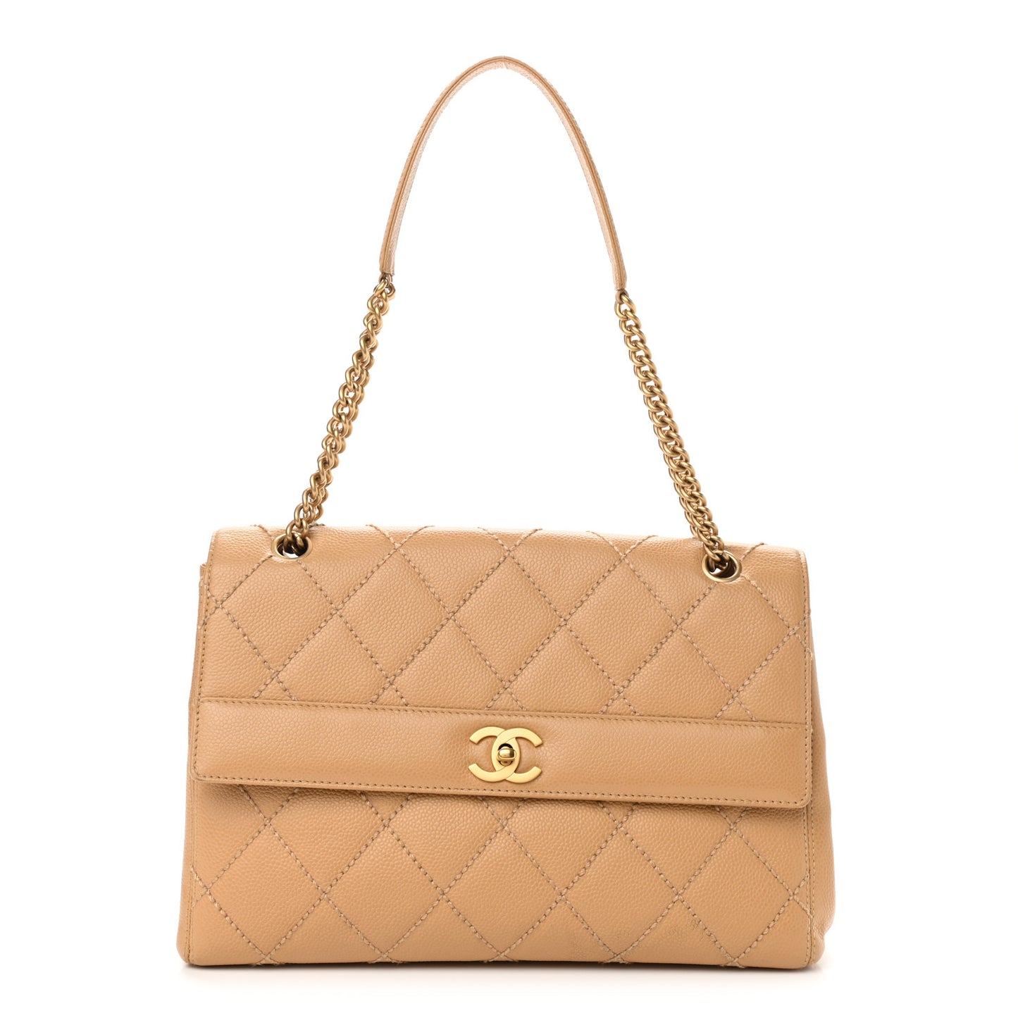 Caviar Quilted Wild Stitch Medium Single Flap Beige