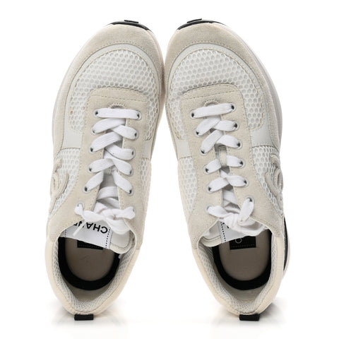 Calfskin Mesh Lycra Suede Womens Logo Sneakers 38.5 White