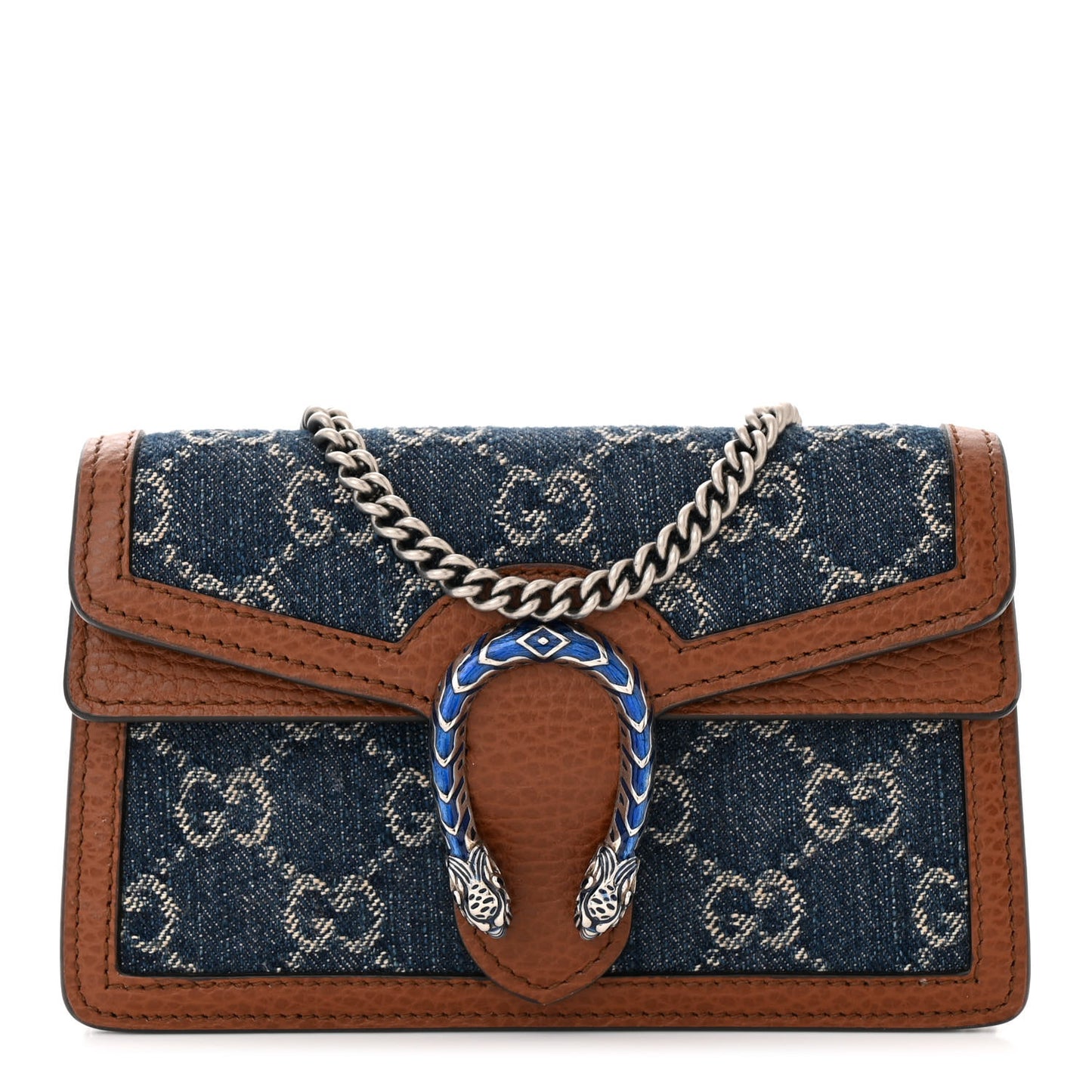 New Denim GG Monogram Dollar Calfskin Enamel Super Mini Dionysus Shoulder Bag Blue Tea Cuir Epilog Electric Blue