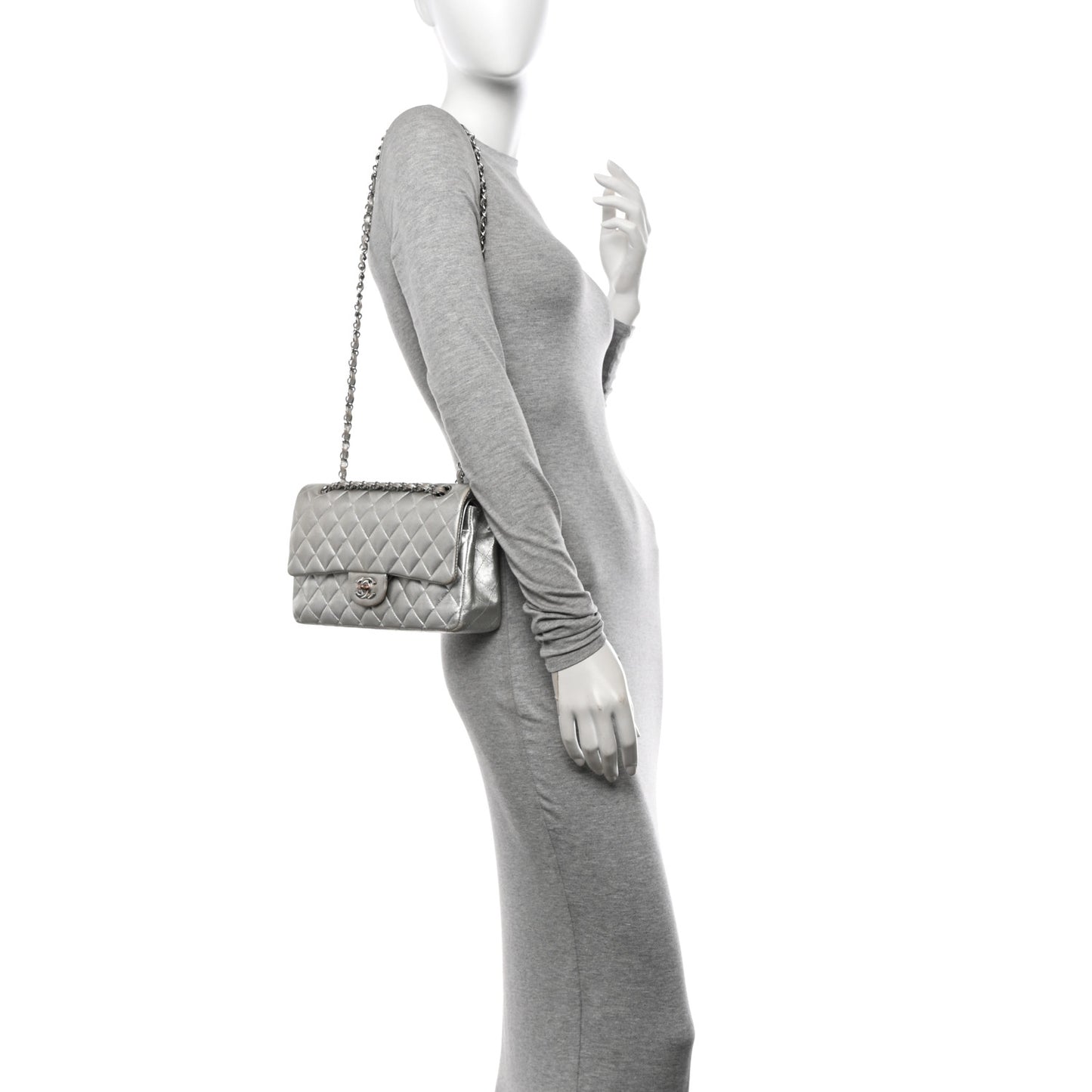 Metallic Lambskin Quilted Medium Double Flap Silver