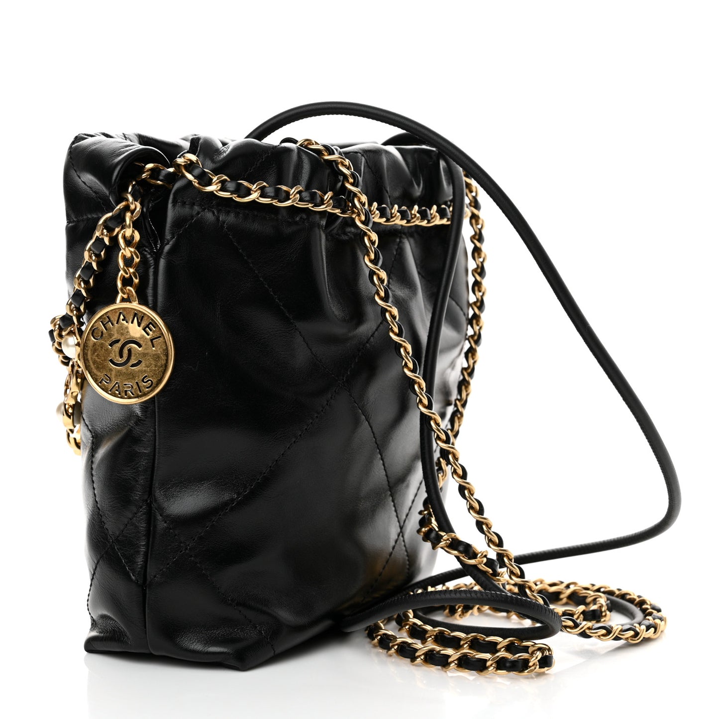 Shiny Calfskin Quilted Pearl CC Chain Mini Chanel 22 Black