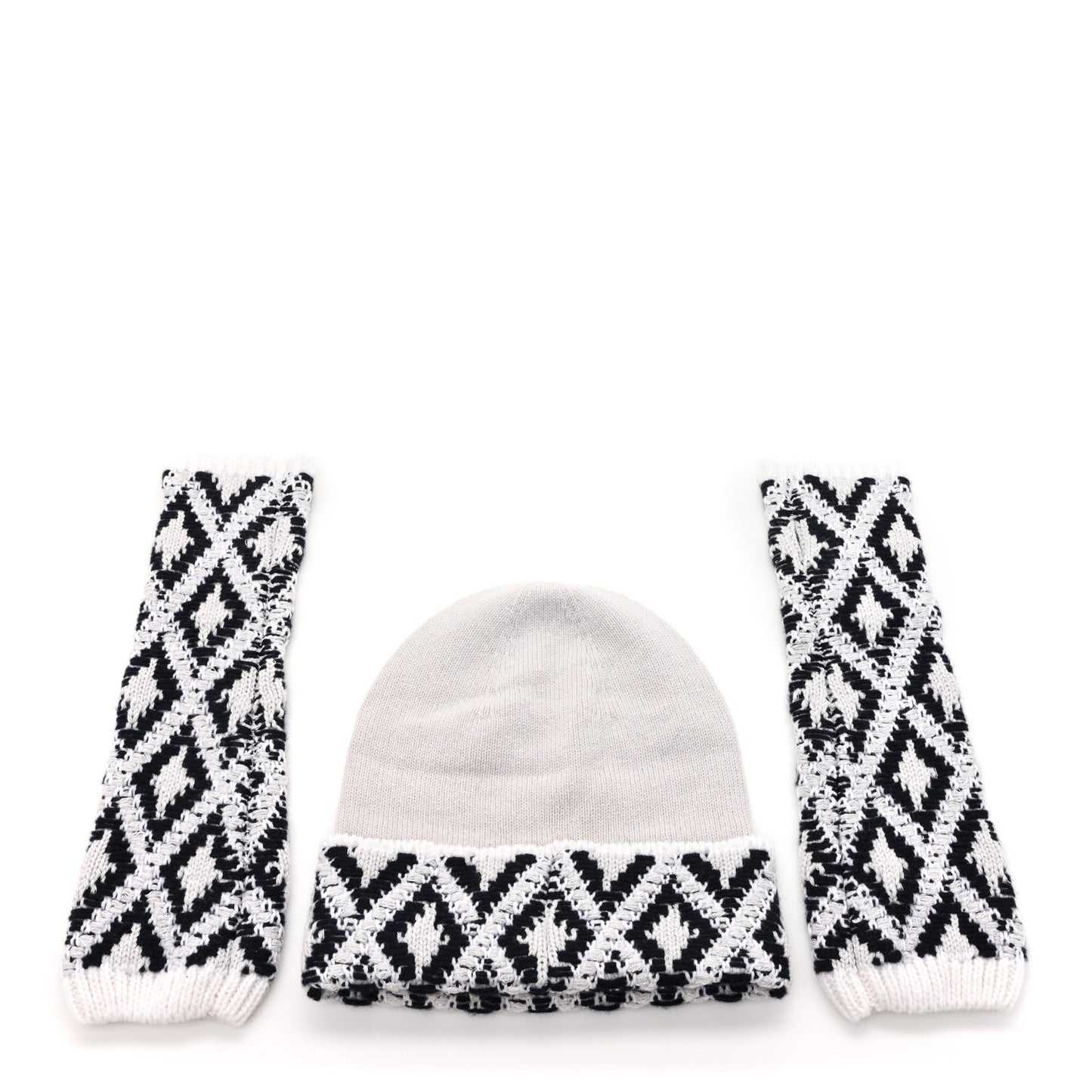 Cashmere Blend CC Beanie Hat With Gloves Set White Navy Blue