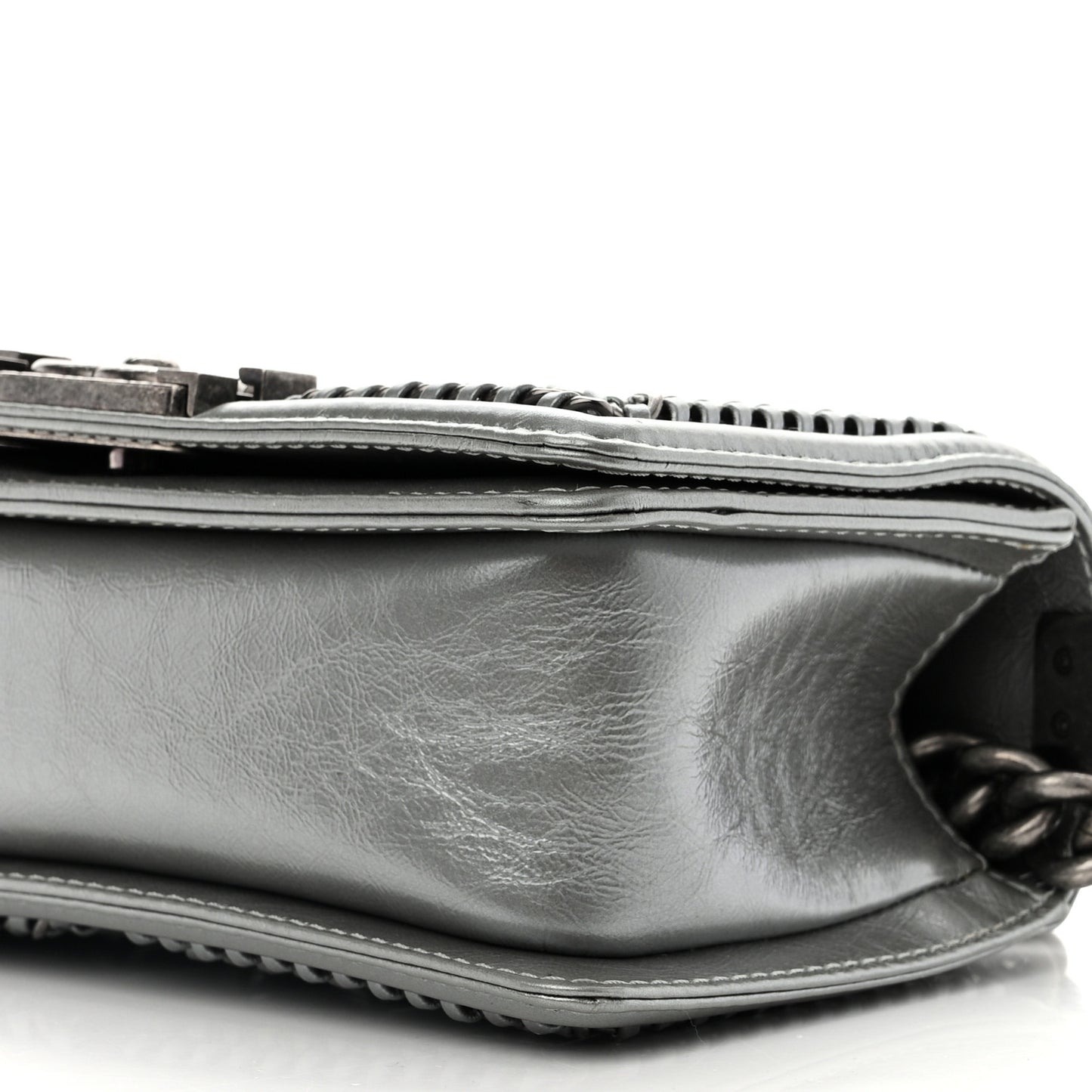 Metallic Aged Calfskin Quilted Small Top Handle Boy Flap Silver