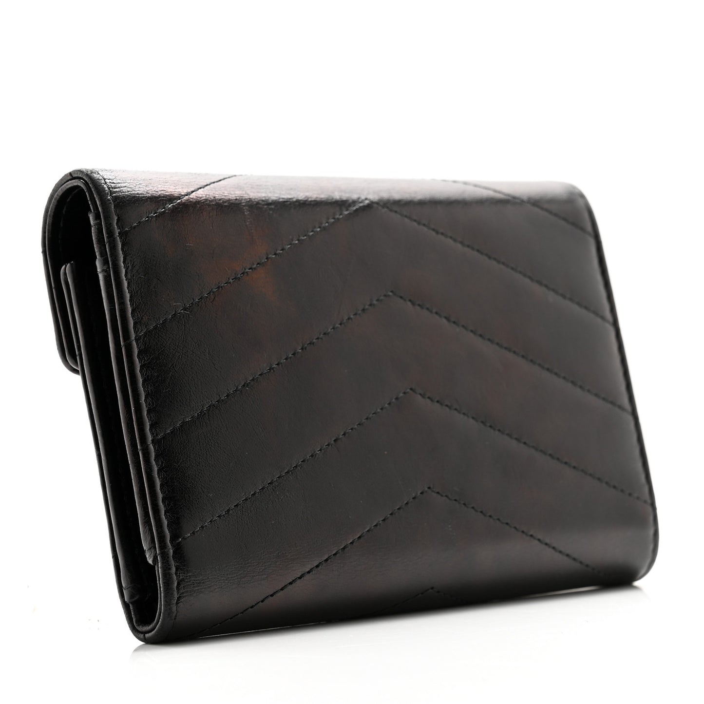 Calfskin Chevron Quilted Medal Flap Wallet Black