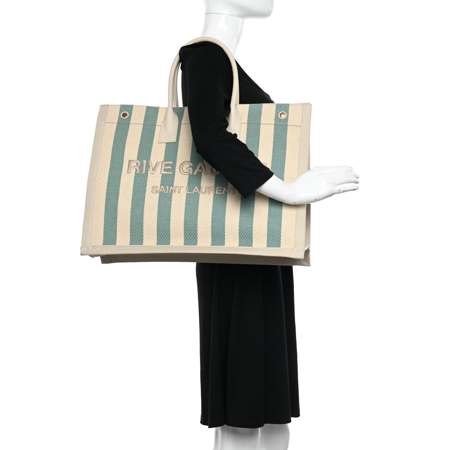 Cotton Linen Calfskin Striped Rive Gauche Tote Water Green