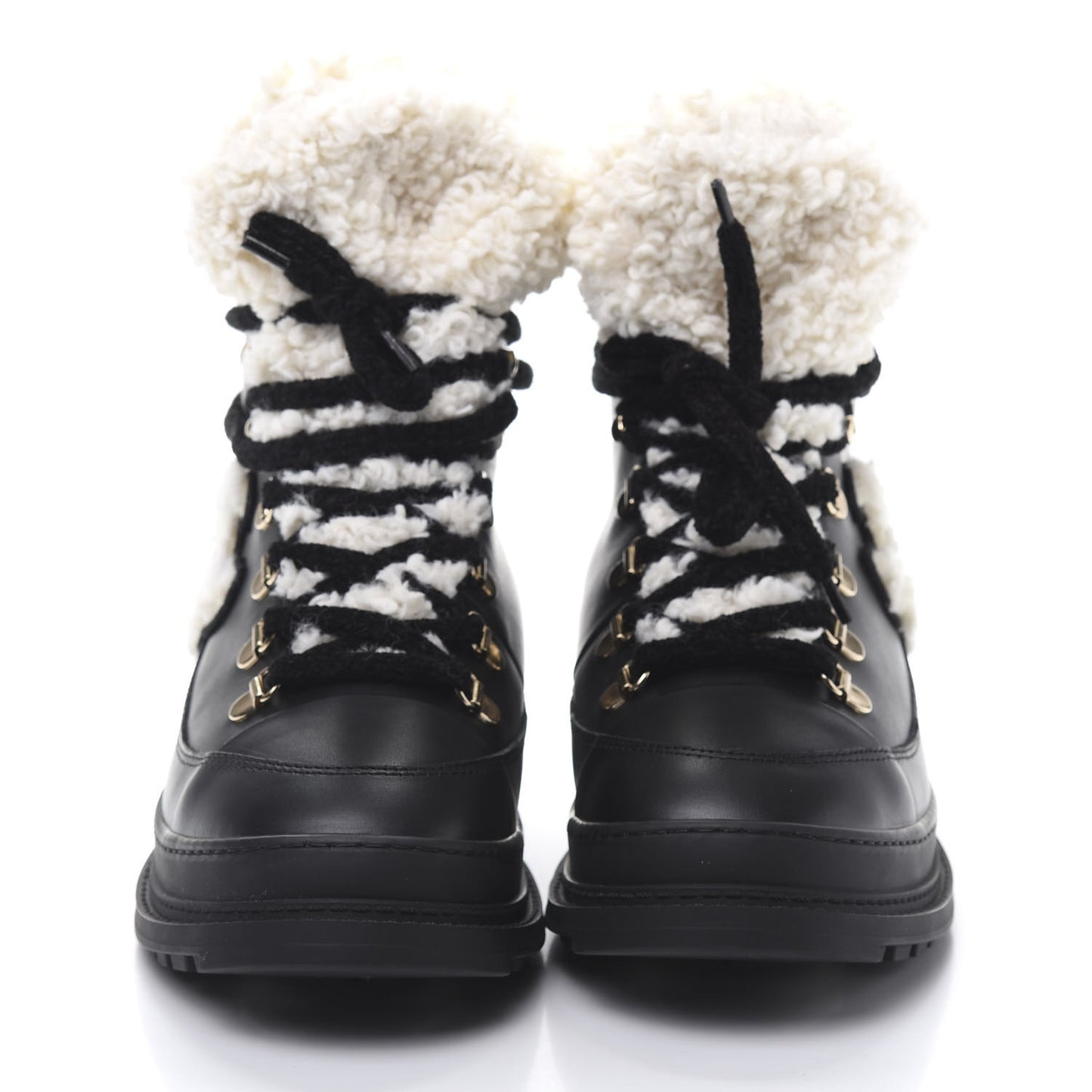 Calfskin Shearling CC Lace Up Boots 38 Black