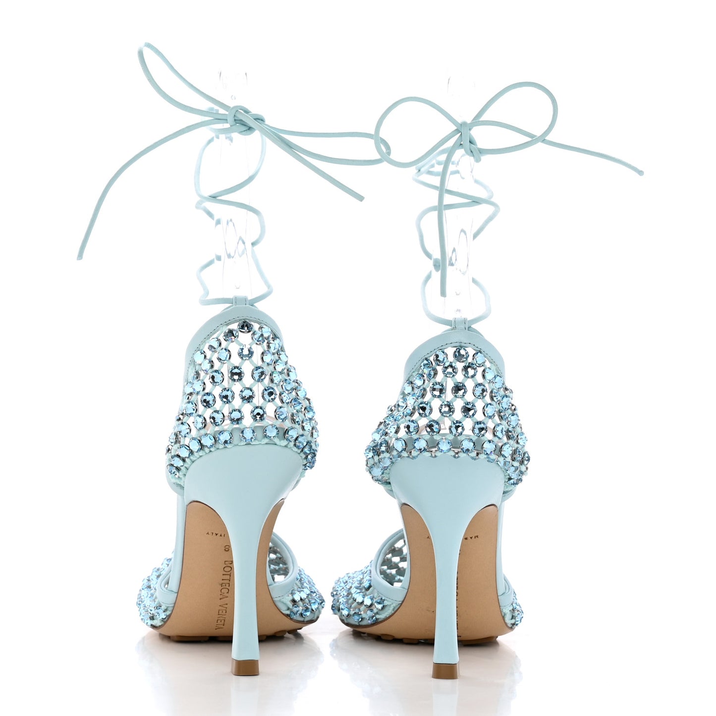 Mesh Nappa Crystal Embellished Sparkle Stretch Ankle Tie Sandals 38 Pale Blue