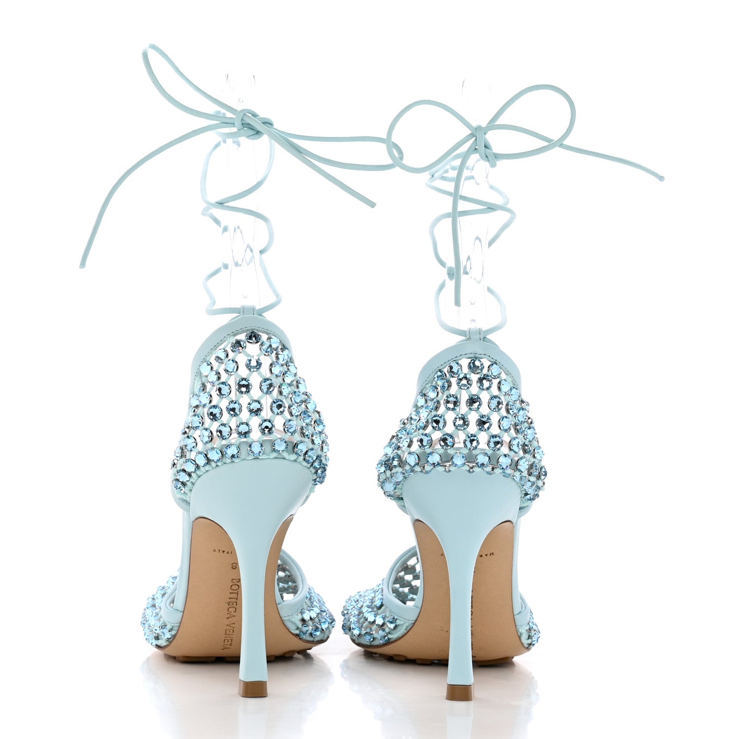 Bottega Veneta Mesh Nappa Crystal Embellished Sparkle Stretch Ankle Tie Sandals 38 Pale Blue 5 of 13