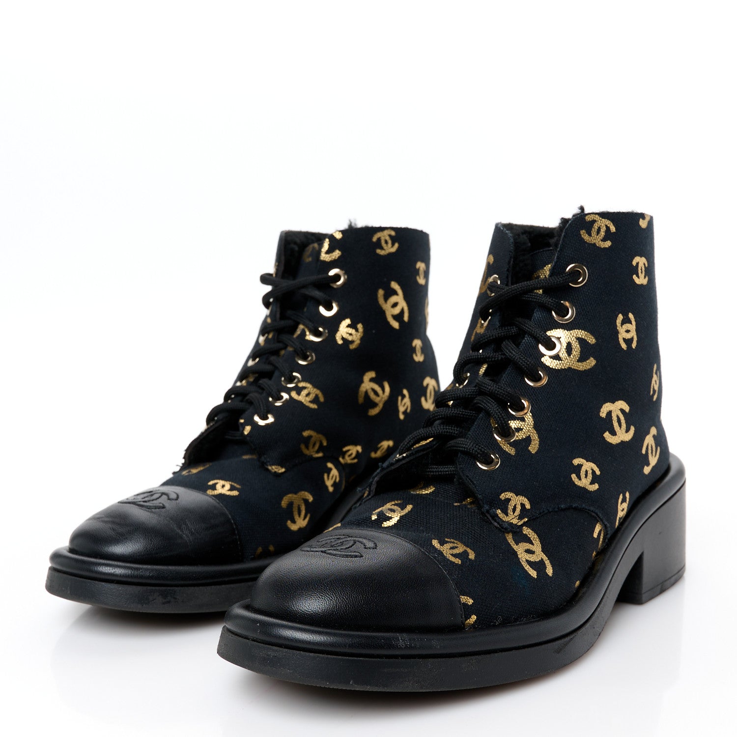 Chanel Lambskin Shearling Canvas CC Lace Up Boots 38.5 Black Gold 3 of 8
