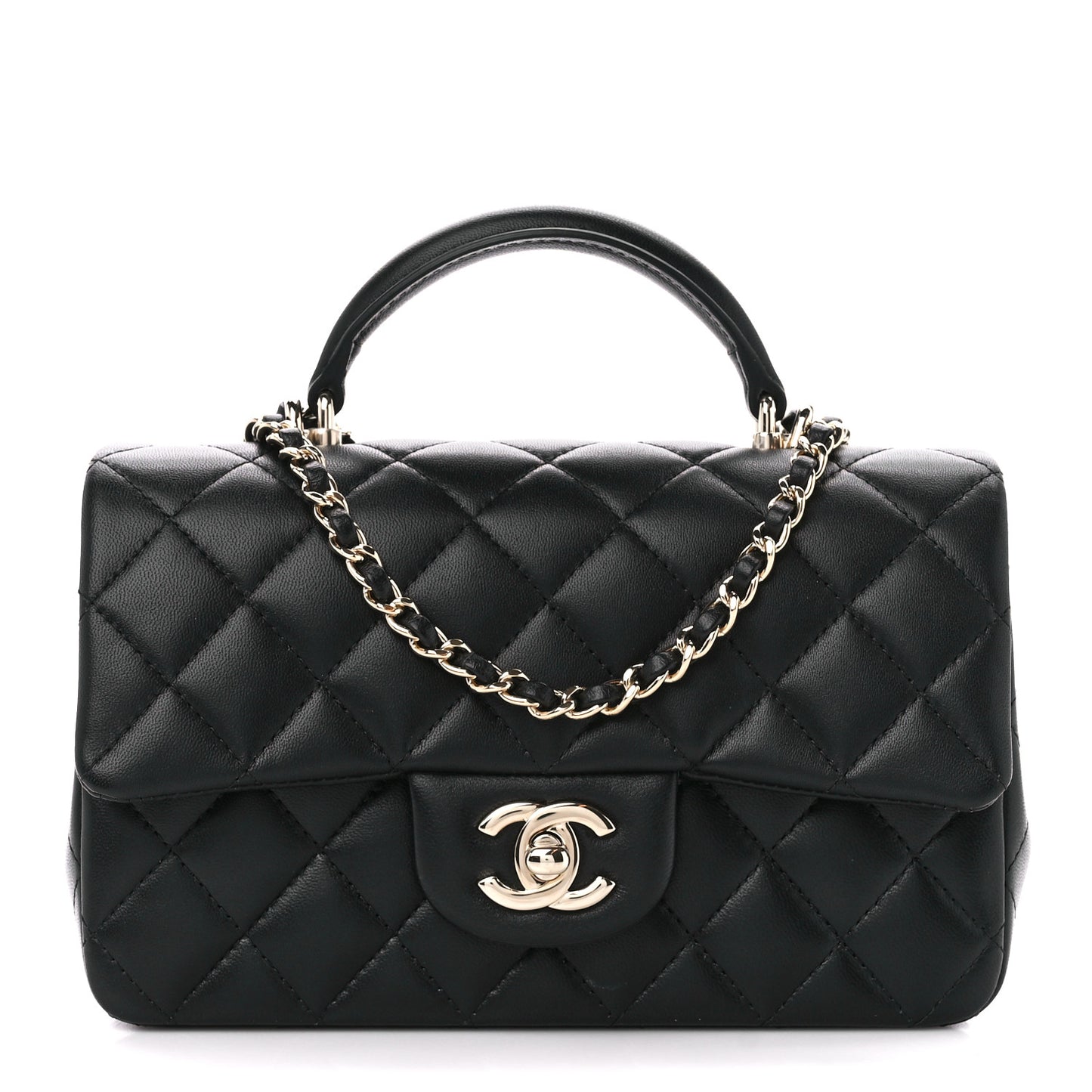 Lambskin Quilted Mini Top Handle Rectangular Flap Black