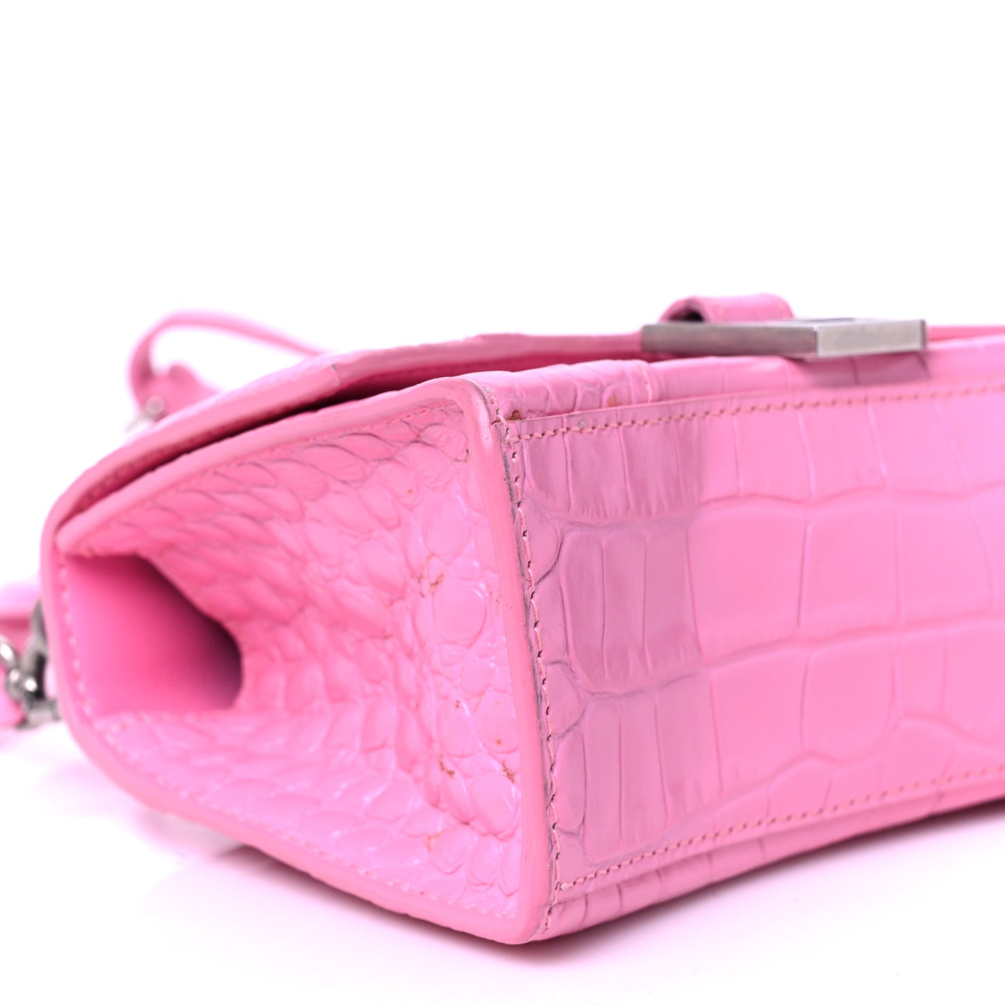 Shiny Calfskin Crocodile Embossed Hourglass Top Handle Bag XS Baby Pink