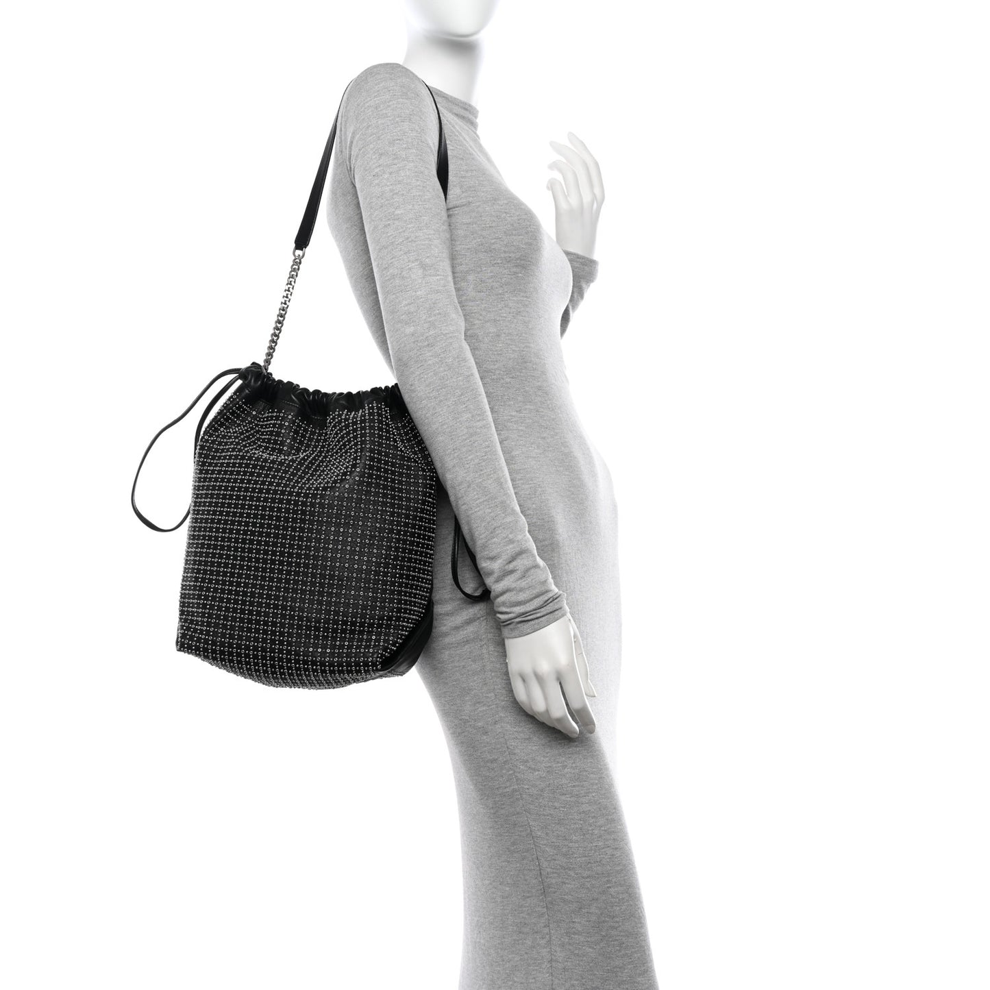 Lambskin Studded Drawstring Bag Black