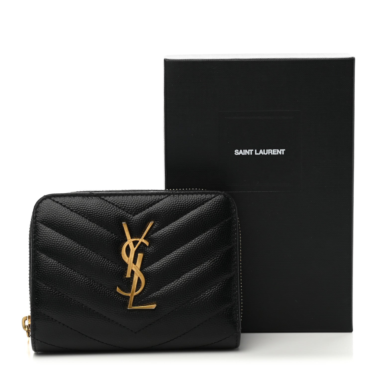 Saint Laurent Grain De Poudre Matelasse Chevron Monogram Compact Zip Around Wallet Black 7 of 7