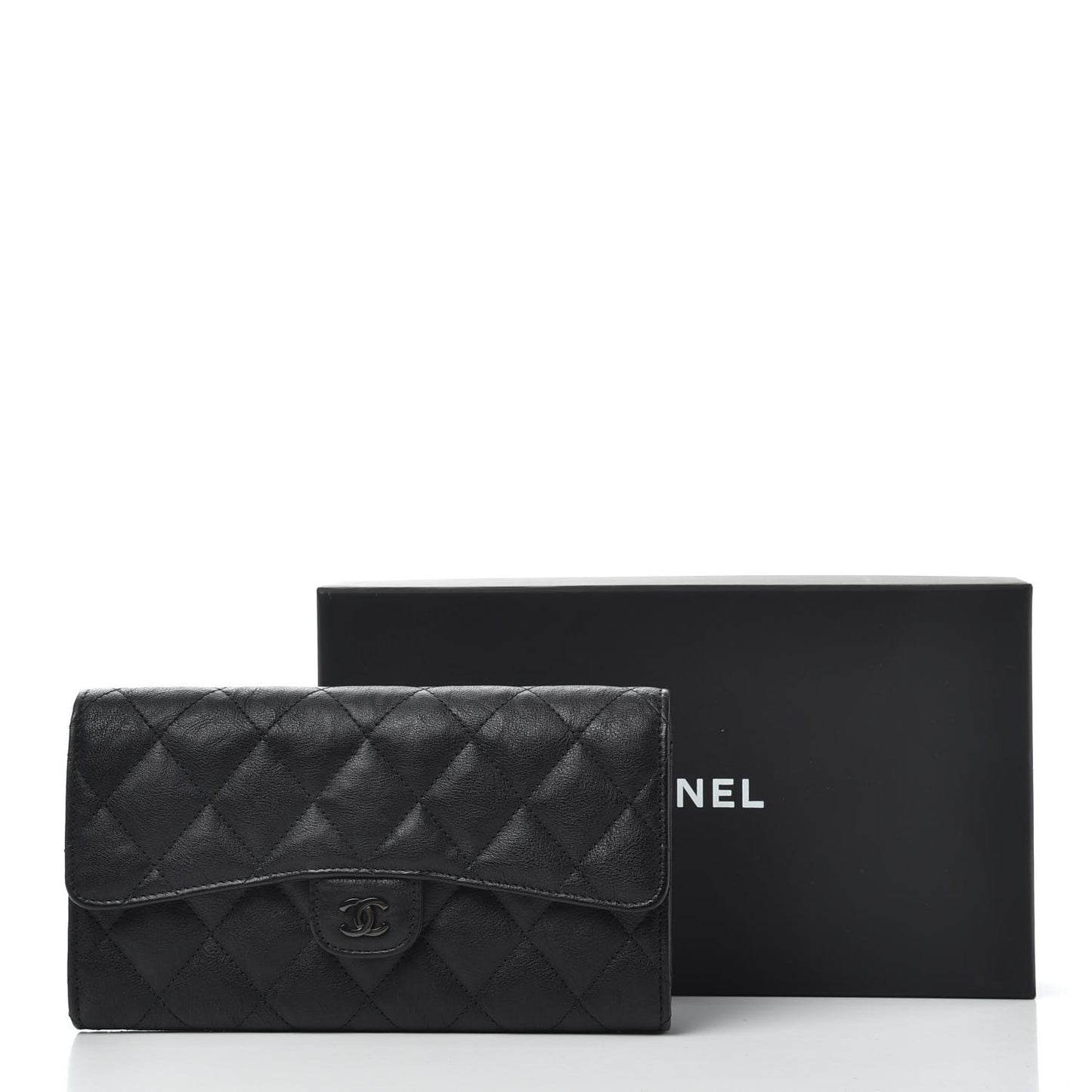 Crumpled Calfskin Quilted Large Flap Wallet So Black