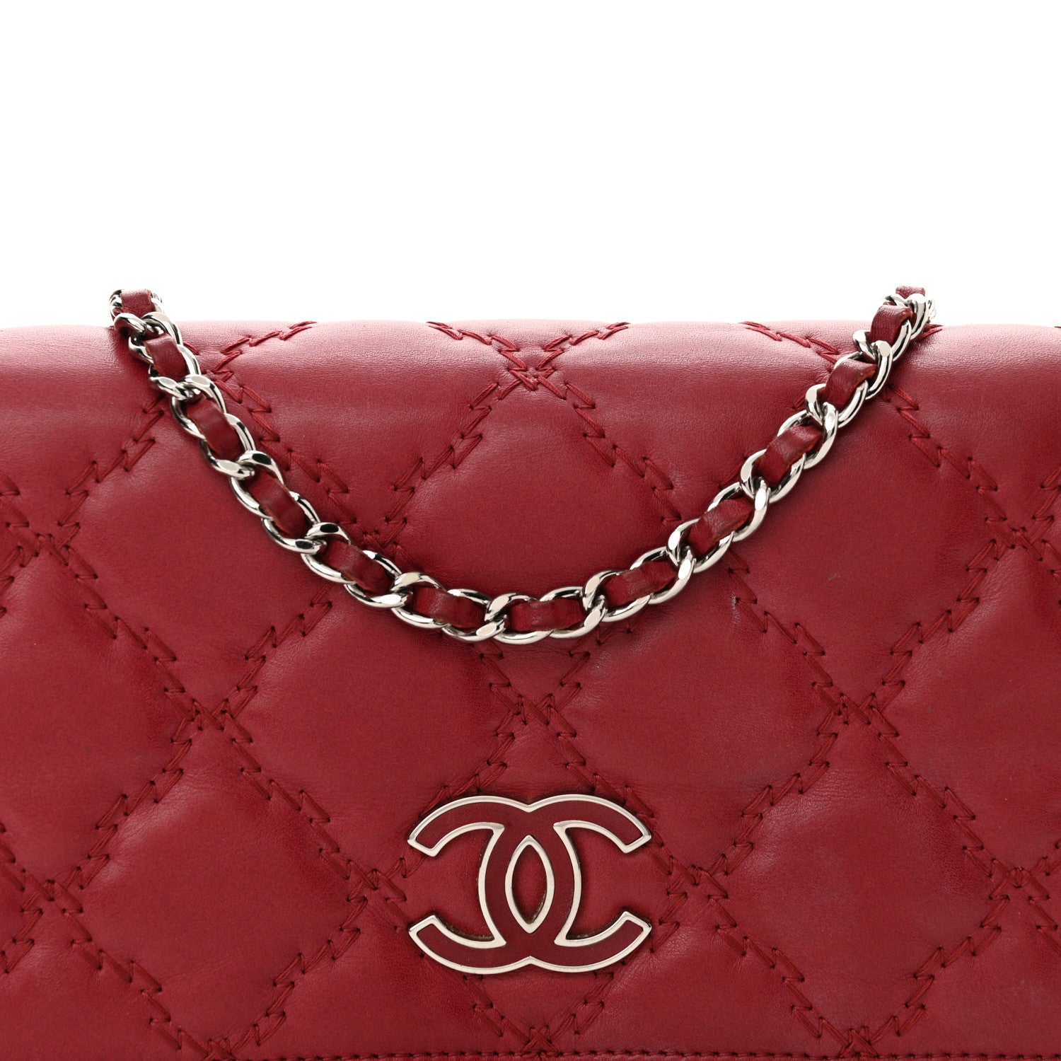 Chanel Calfskin Double Stitch Hamptons Wallet On Chain WOC Red 9 of 14