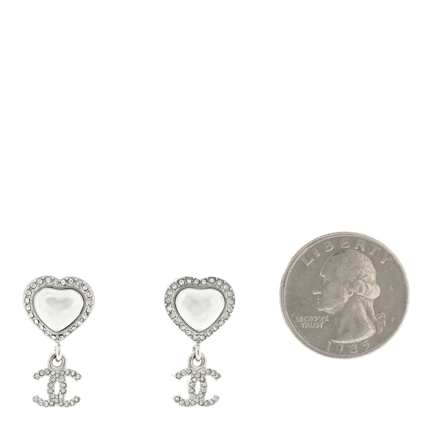 Pearl Crystal CC Heart Drop Earrings Silver