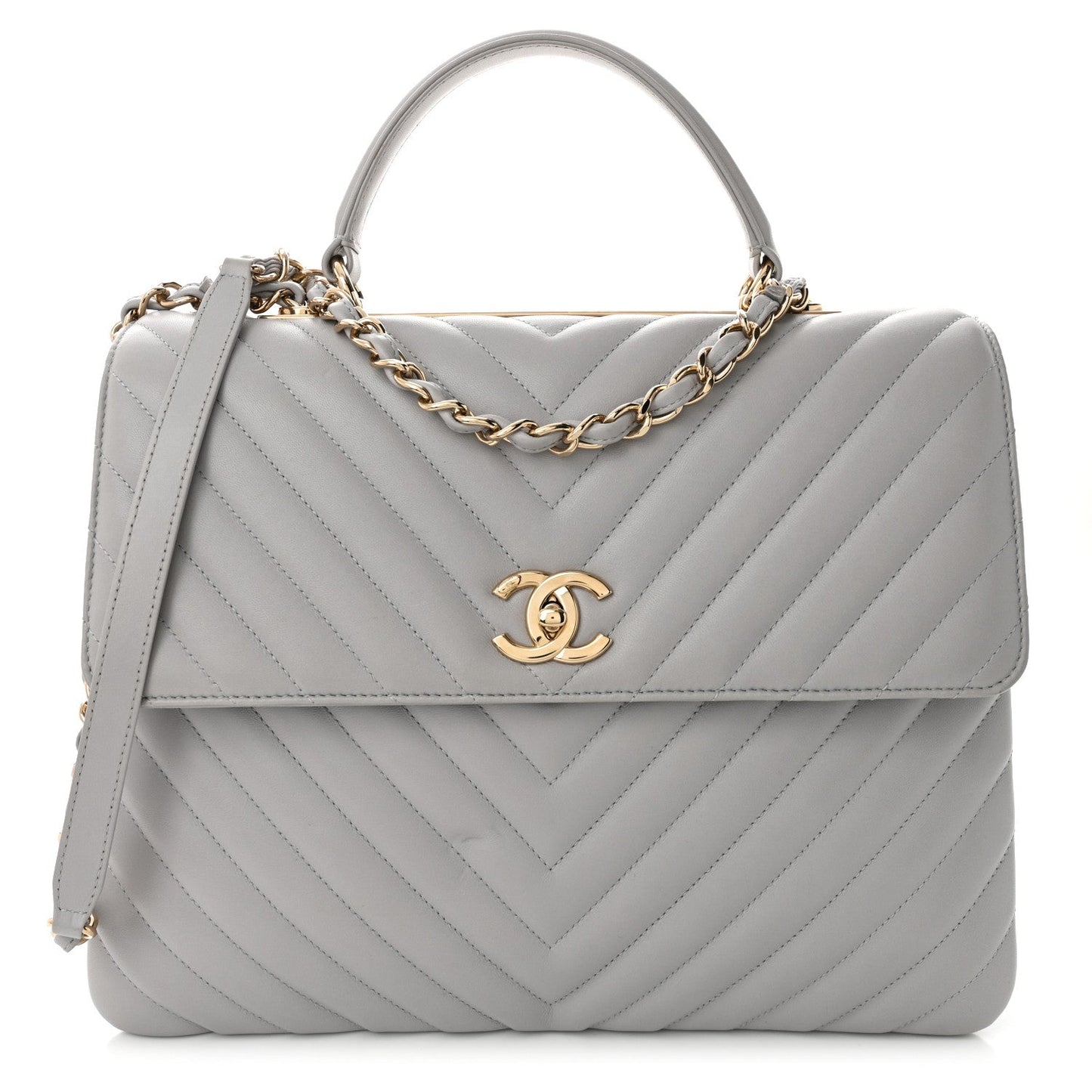Lambskin Chevron Quilted Large Trendy CC Dual Handle Flap Bag Grey