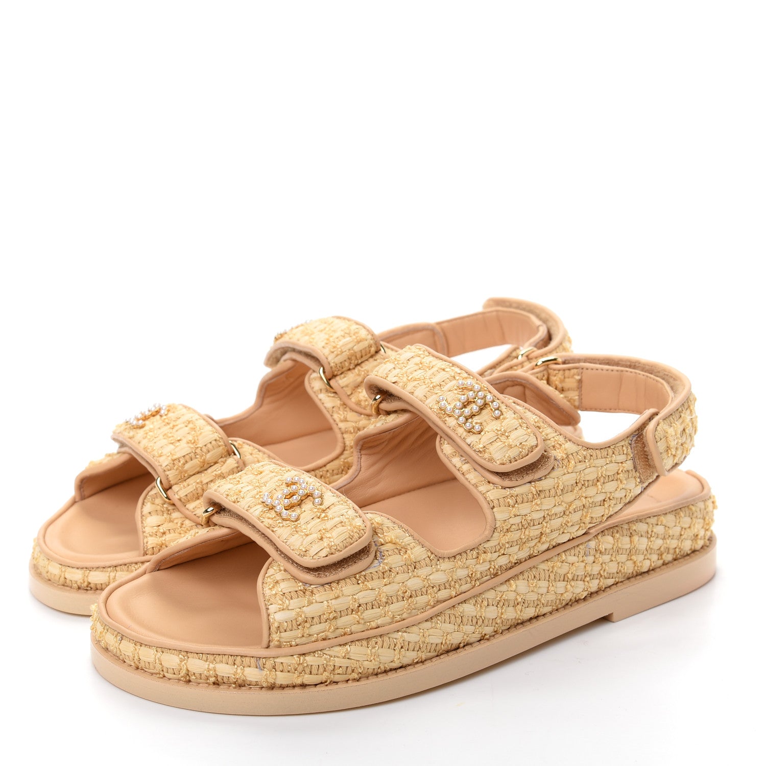 Chanel Raffia Pearl Velcro Dad Sandals 37 Beige 3 of 11