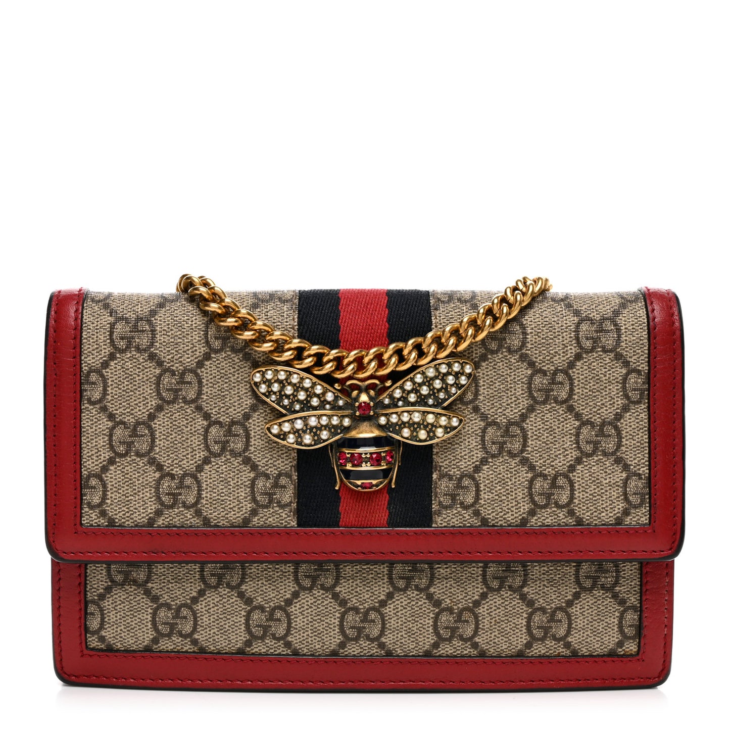 GG Supreme Monogram Web Queen Margaret Chain Wallet Red