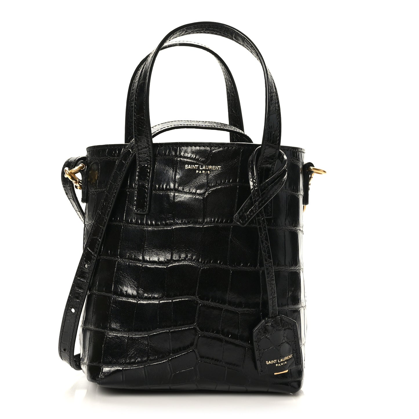 Calfskin Crocodile Embossed Paris Mini Toy Shopper Tote Black